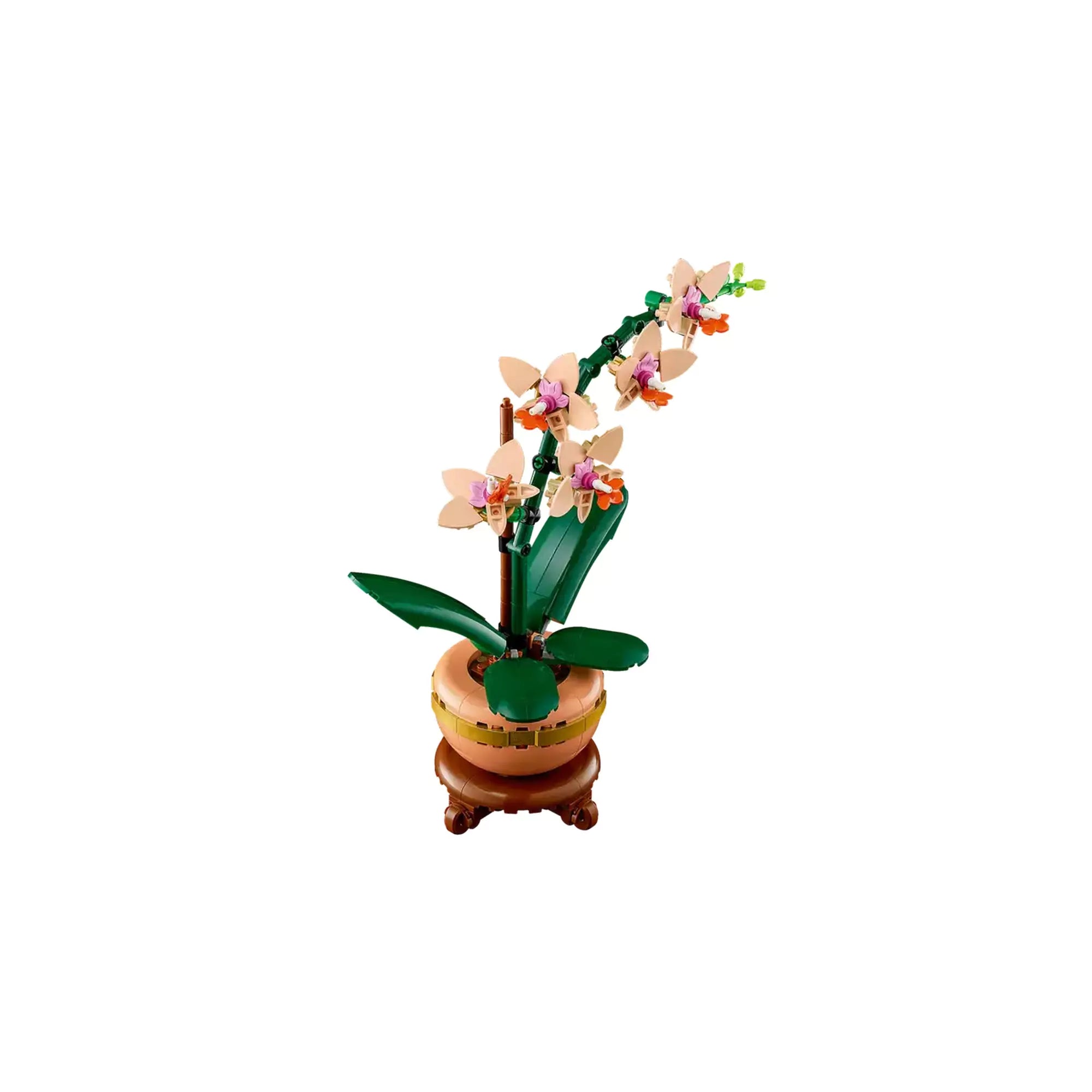 LEGO Mini Orchidea (10343) készlet felülnézeti képe, jól látható rózsaszín virágokkal és a díszes cseréppel.