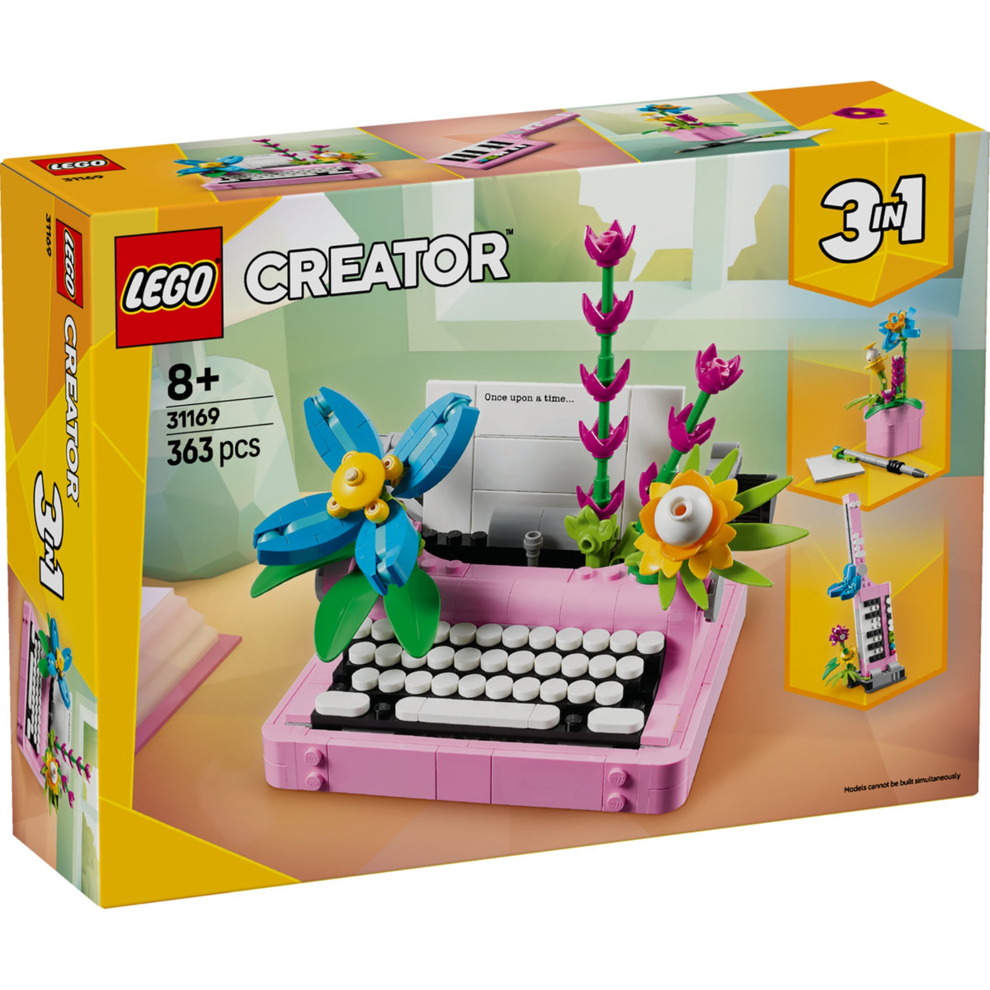 A LEGO Creator 3 az 1-ben Írógép virágokkal 31169 doboza, amelyen az írógép, gitár és virágcserepes modellek láthatók, színes és élénk kialakításban.