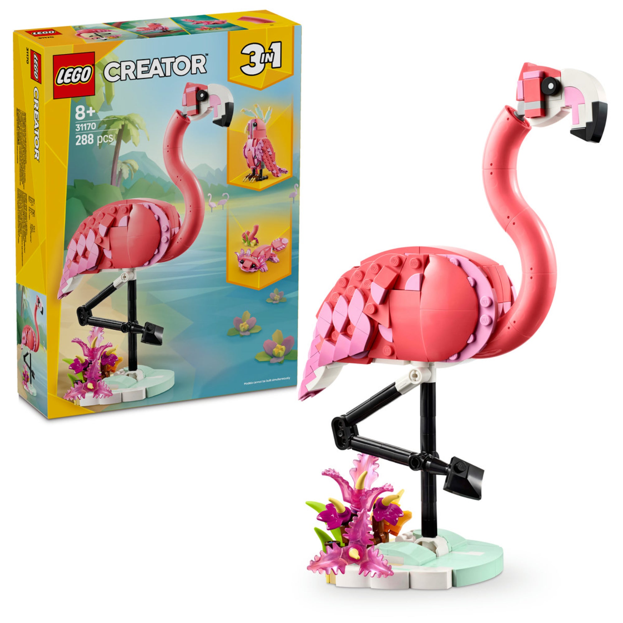 Ez a kép a LEGO Creator 3 az 1-ben Vadállatok: Rózsaszín Flamingó (31170) készletet mutatja be, amely 288 darabból áll. A fő modell egy elegáns rózsaszín flamingó, amely egy növényekkel díszített állványon pihen. A szett azonban három különböző építési lehetőséget kínál: a flamingó mellett egy kakadut és egy aranyos axolotlt is megépíthetnek a gyerekek. Ez a kreatív LEGO készlet tökéletes választás az állatrajongók és fiatal építők számára, akik szeretik a szórakoztató és újraépíthető modelleket!