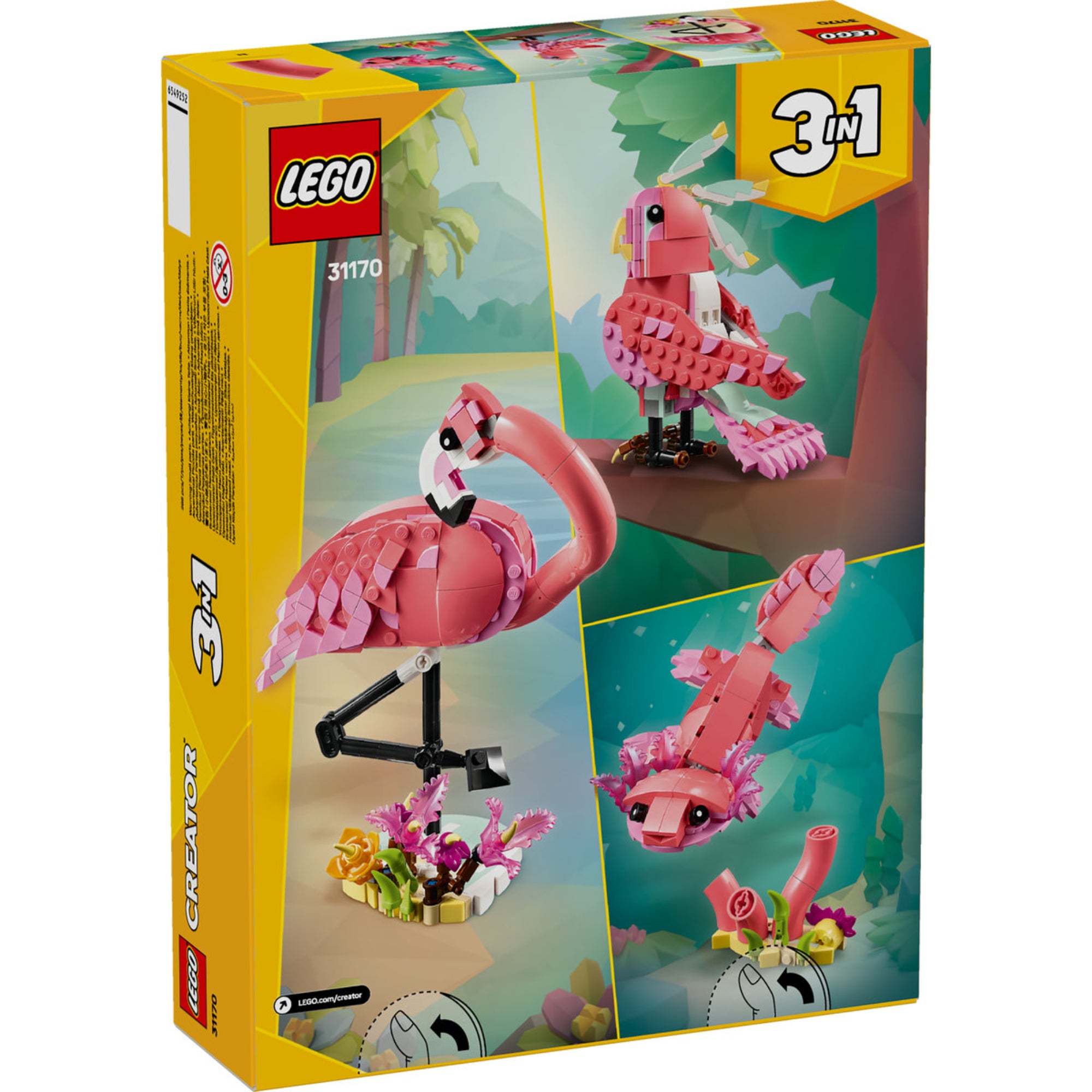 Ez a kép a LEGO Creator 3 az 1-ben Vadállatok: Rózsaszín Flamingó (31170) készlet hátoldalát mutatja be, amely három építési lehetőséget kínál. A fő modell egy elegáns rózsaszín flamingó, amely egy növényekkel díszített állványon áll. A szettből egy színpompás kakadut és egy aranyos axolotlt is megépíthetnek a gyerekek. A LEGO Creator 3 az 1-ben készletek lehetőséget adnak a modellek újraépítésére és átalakítására, így minden alkalommal új élményt nyújtanak!