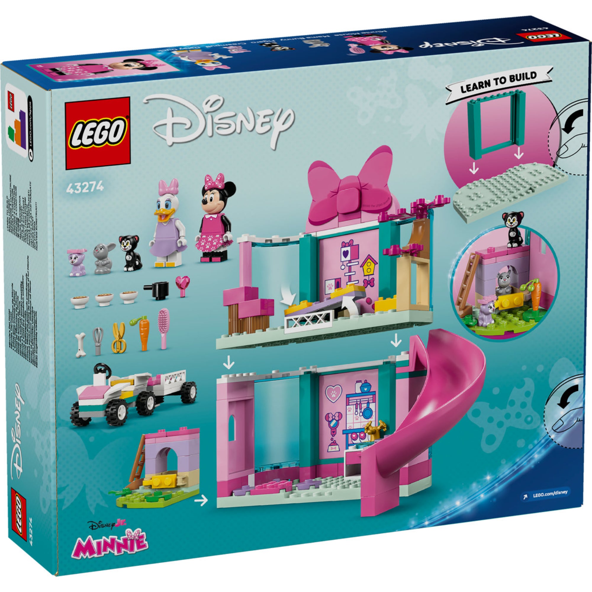 A LEGO Disney 43274 Minnie kisállat szállója doboz hátoldala, részletes építési utasításokkal, Minnie és Daisy figuráival, valamint a szálló belső tereivel és kiegészítőkkel.