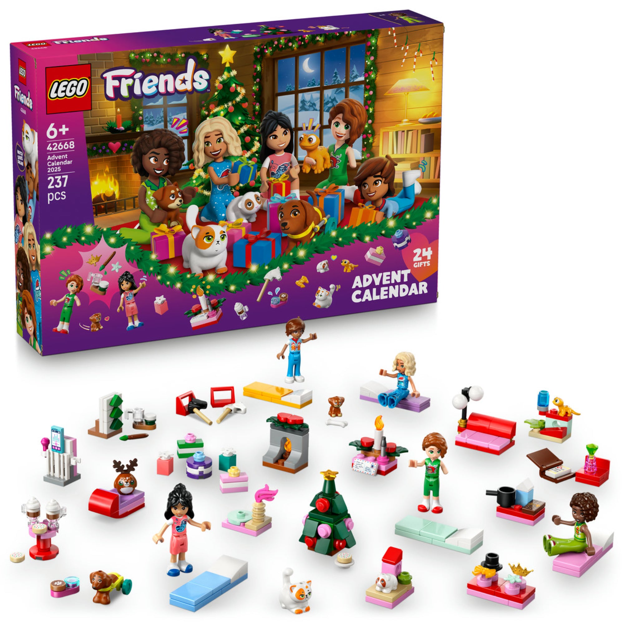 LEGO Friends 42668 Adventi naptár 2025 doboz és a 24 kis ajándék, köztük minifigurák, karácsonyfa, állatok és ünnepi kiegészítők.