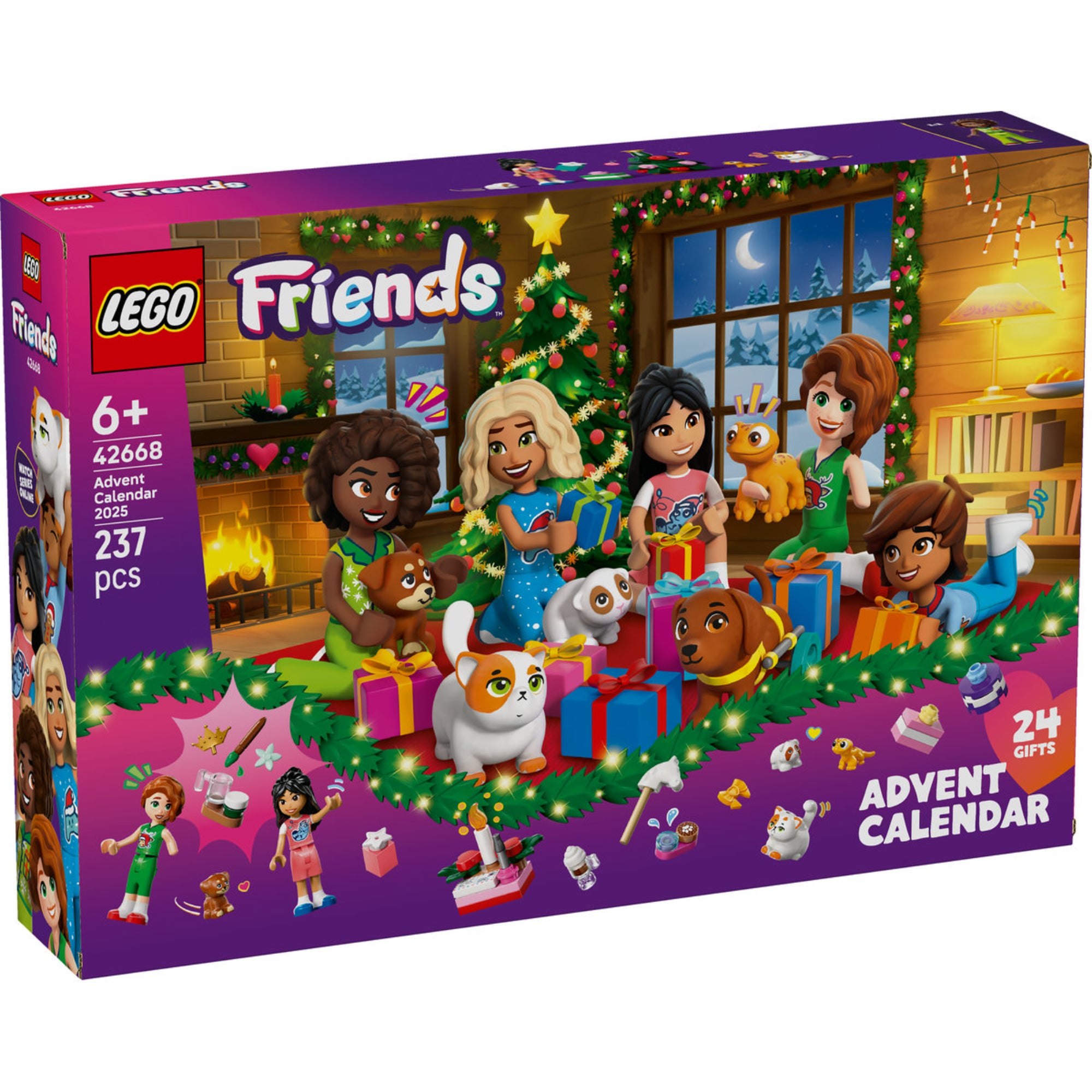 LEGO Friends 42668 Adventi naptár dobozkép, ünnepi hangulatban, ajándékokkal, karácsonyfával és a Friends szereplőkkel.