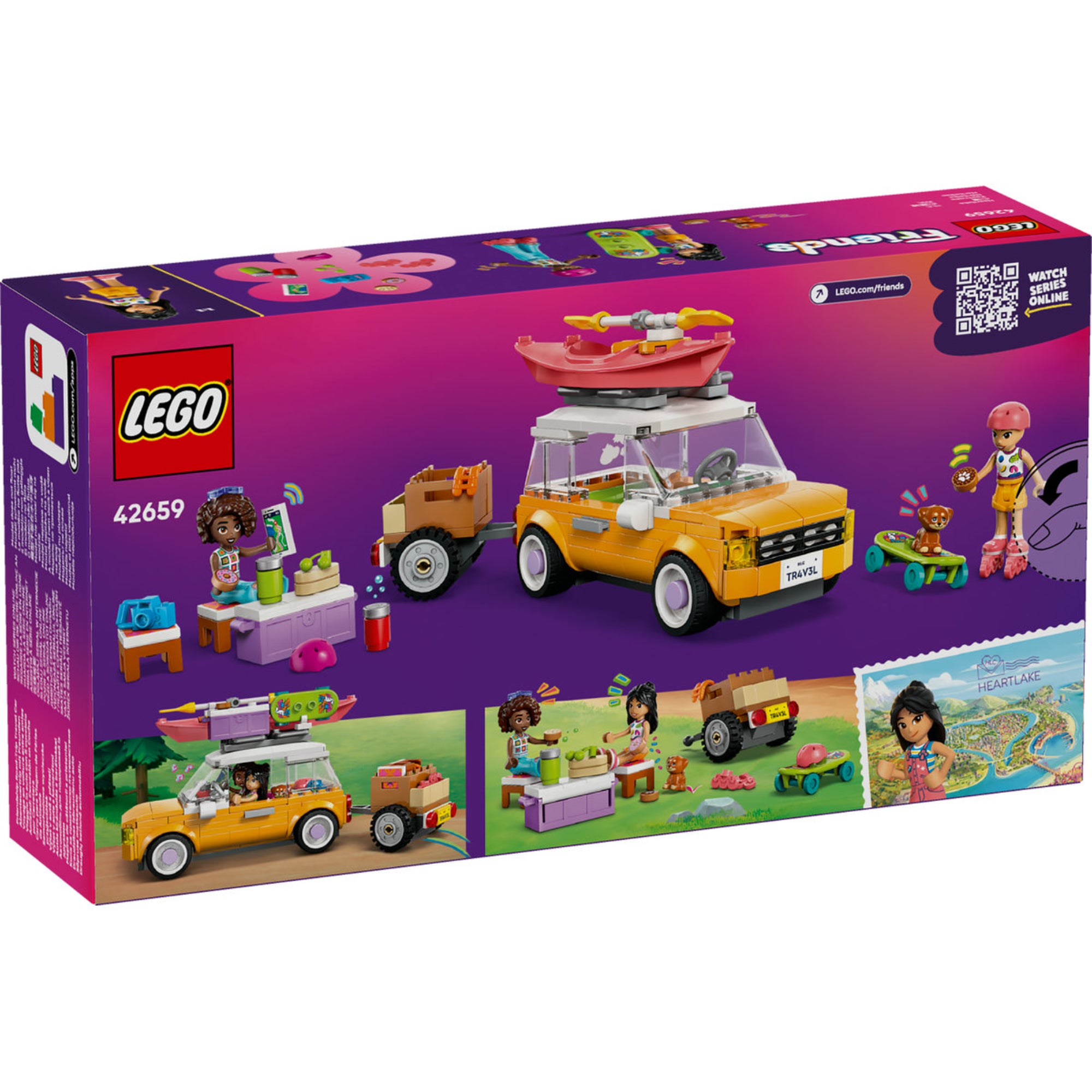 LEGO Friends 42659 készlet hátoldala, bemutatva a játszható funkciókat, az autó tetején szállított kajakot, kempingfelszerelést és egy kis gördeszkás kutyát.