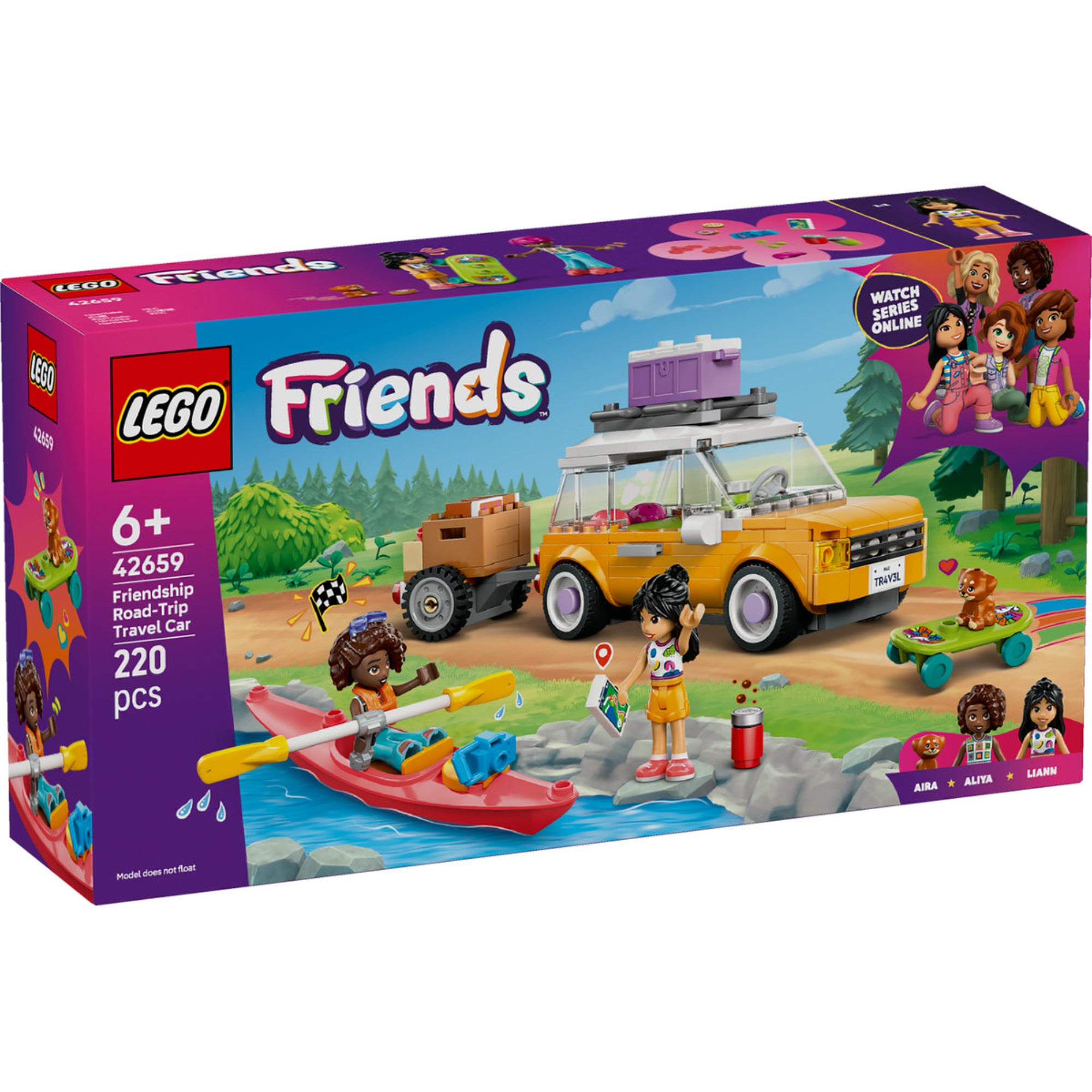 LEGO Friends 42659 dobozkép: egy narancssárga utazóautóval, kajakkal, utánfutóval és három karakterrel – Aira, Aliya és Liann – barátságos kalandjelenetben.