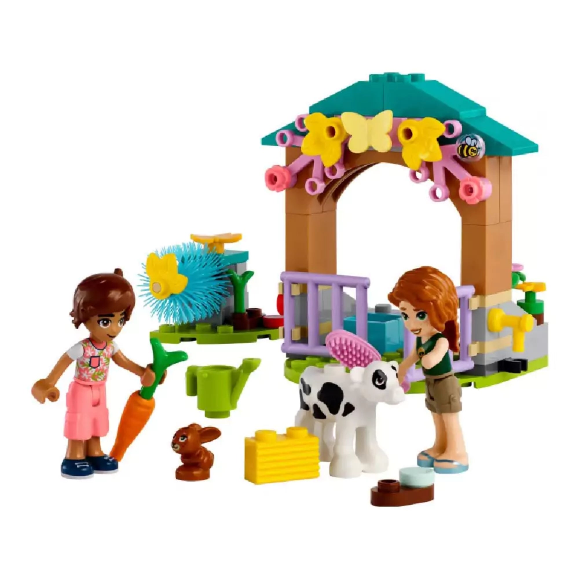 LEGO Friends 42607 Autumn boci pajtája teljes készlet: pajta virágos kapuval, itató, sárgarépás etető, két minibaba, egy boci, egy nyuszi és rengeteg farmos kiegészítő.