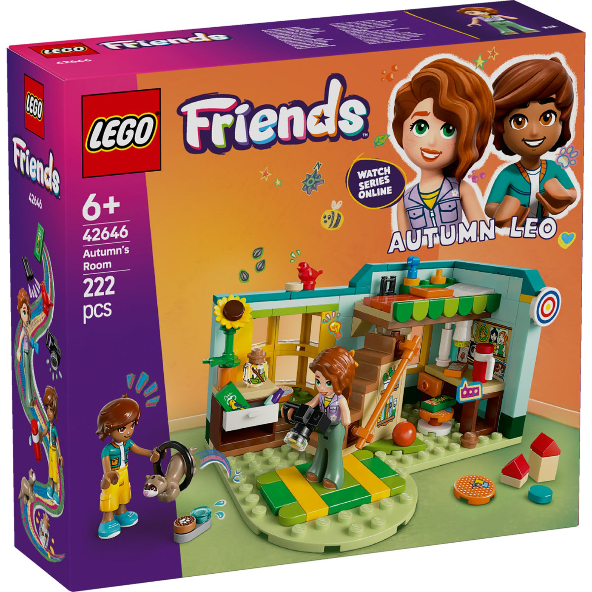 A LEGO Friends Autumn szobája 42646 doboz képe, melyen látható Autumn és Leo mini figurája, egy borz figura, valamint a szoba és a játszótér színes részletei.
