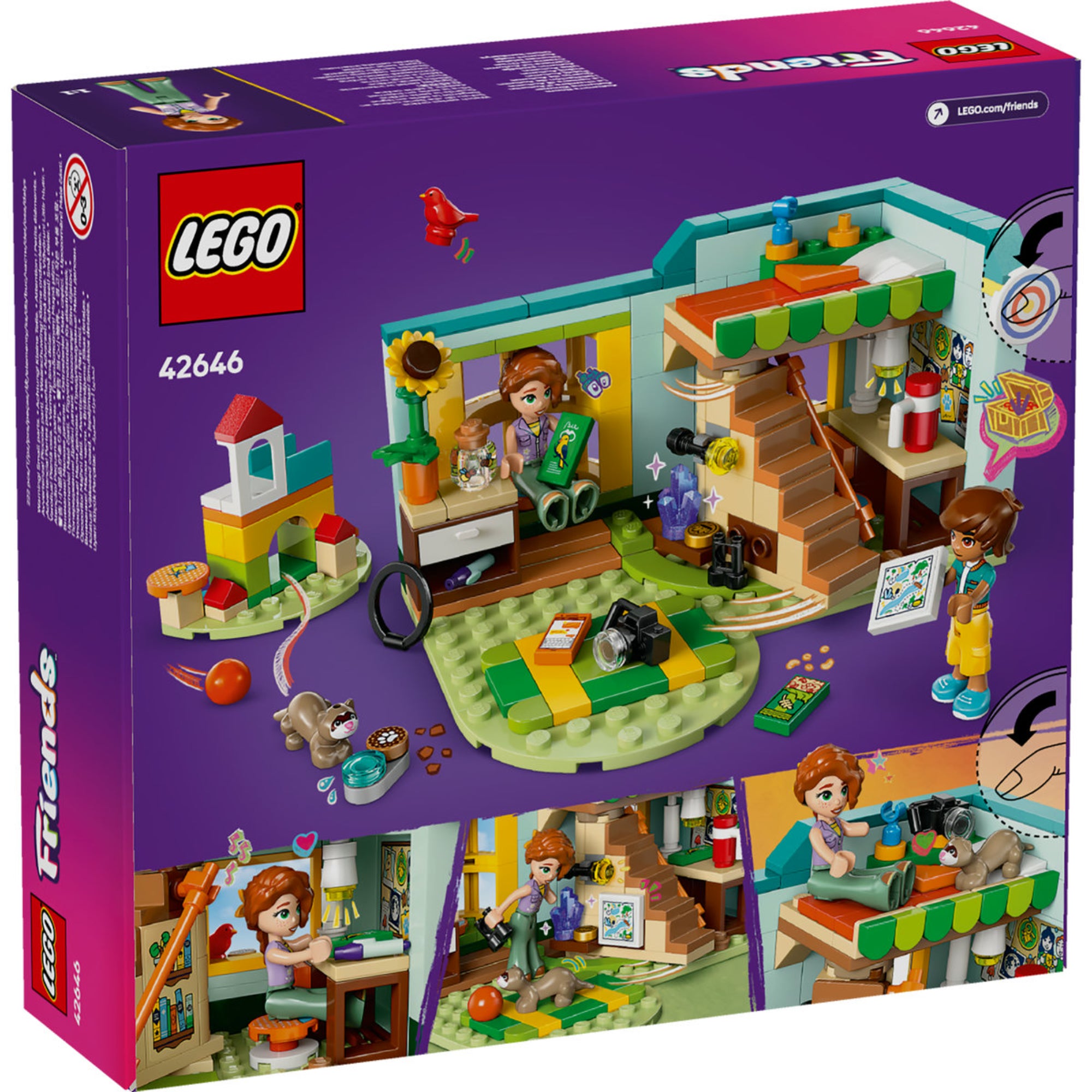A LEGO Friends Autumn szobája 42646 szett hátoldala, amely bemutatja a szoba és a játszótér részletes belső elemeit, Autumn és Leo figuráival, valamint a borz és madár figurákkal. Láthatóak a színes játékok, lépcső, fényképezőgép, napraforgó, madáreleség, valamint Autumn kedvenc kiegészítői és dekorációi.