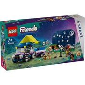 A LEGO Friends Csillagnéző kempingautó (42603) színes, 7+ korosztály számára ajánlott doboza, amelyen a készlet fő elemei, a jármű, a teleszkóp, a háttér és a két szereplő – Aliya és Nova – is látható.