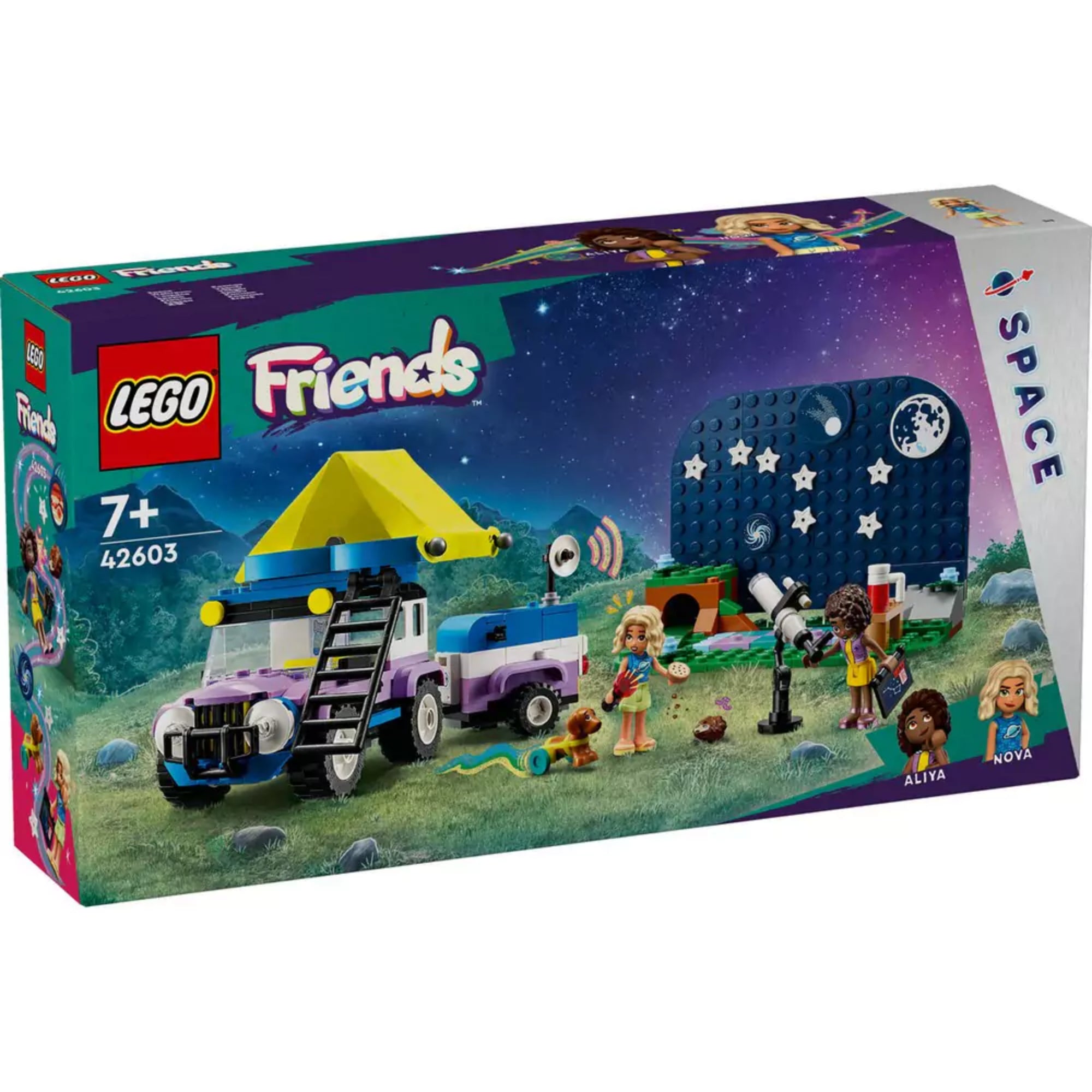 A LEGO Friends Csillagnéző kempingautó (42603) színes, 7+ korosztály számára ajánlott doboza, amelyen a készlet fő elemei, a jármű, a teleszkóp, a háttér és a két szereplő – Aliya és Nova – is látható.