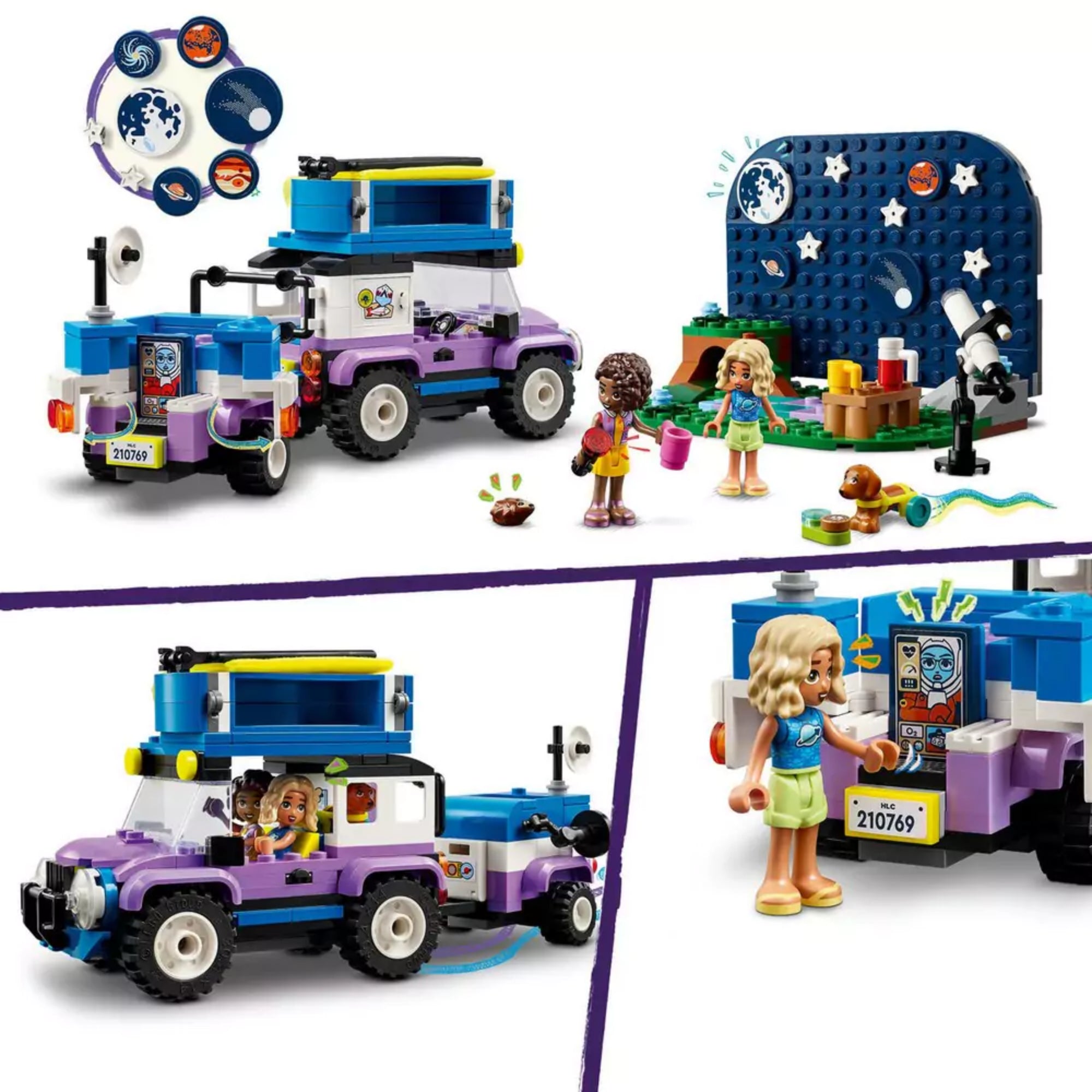 Részletes illusztrációk a LEGO Friends Csillagnéző kempingautó (42603) készlet elemeiről: az utánfutó és jármű hátulnézete bolygómatricákkal, csillagos háttér távcsővel, és a kempingező minifigurák interakciói, köztük a mobilvezérelt műholdas kommunikációval.