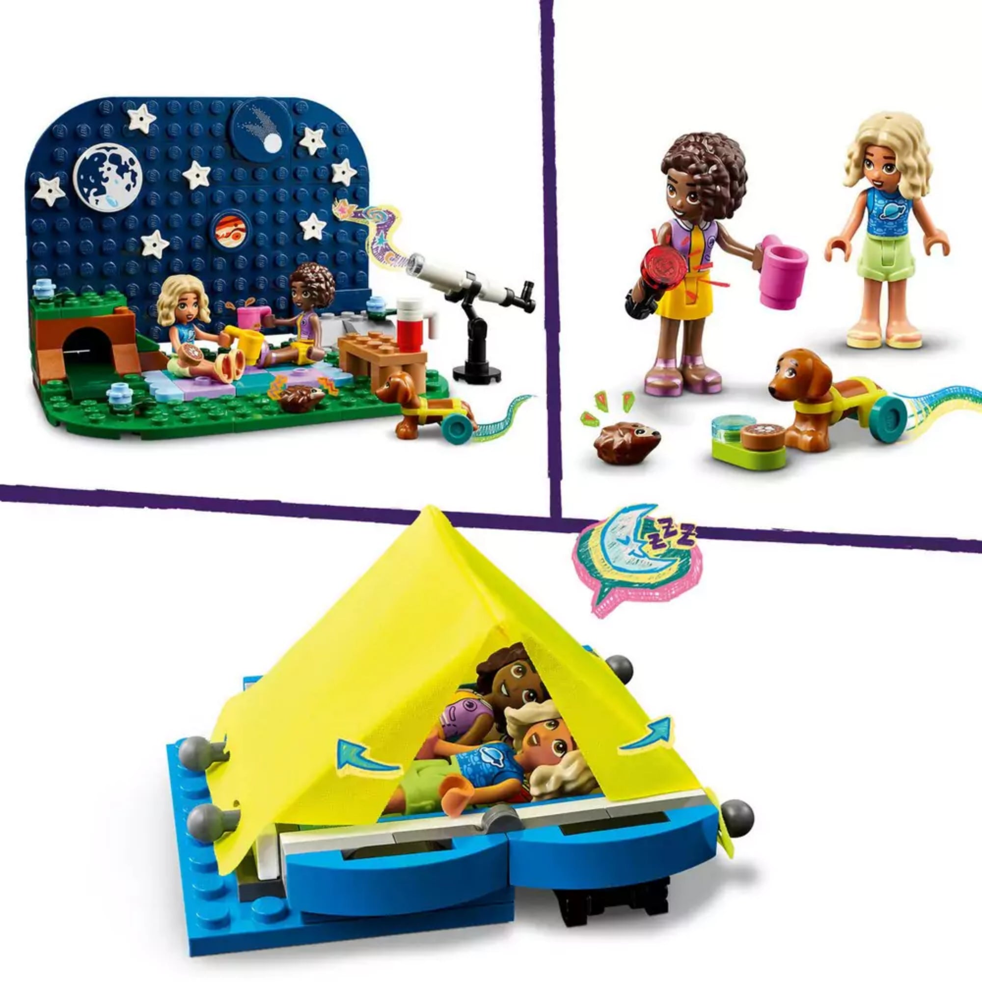 Montázs a LEGO Friends Csillagnéző kempingautó (42603) készlet játékjeleneteiből: sátorban alvó minifigurák, csillagvizsgálás a teleszkóppal, valamint kutyás és tábortűzös jelenetek a természetben, varázslatos éjszakai hangulatban.