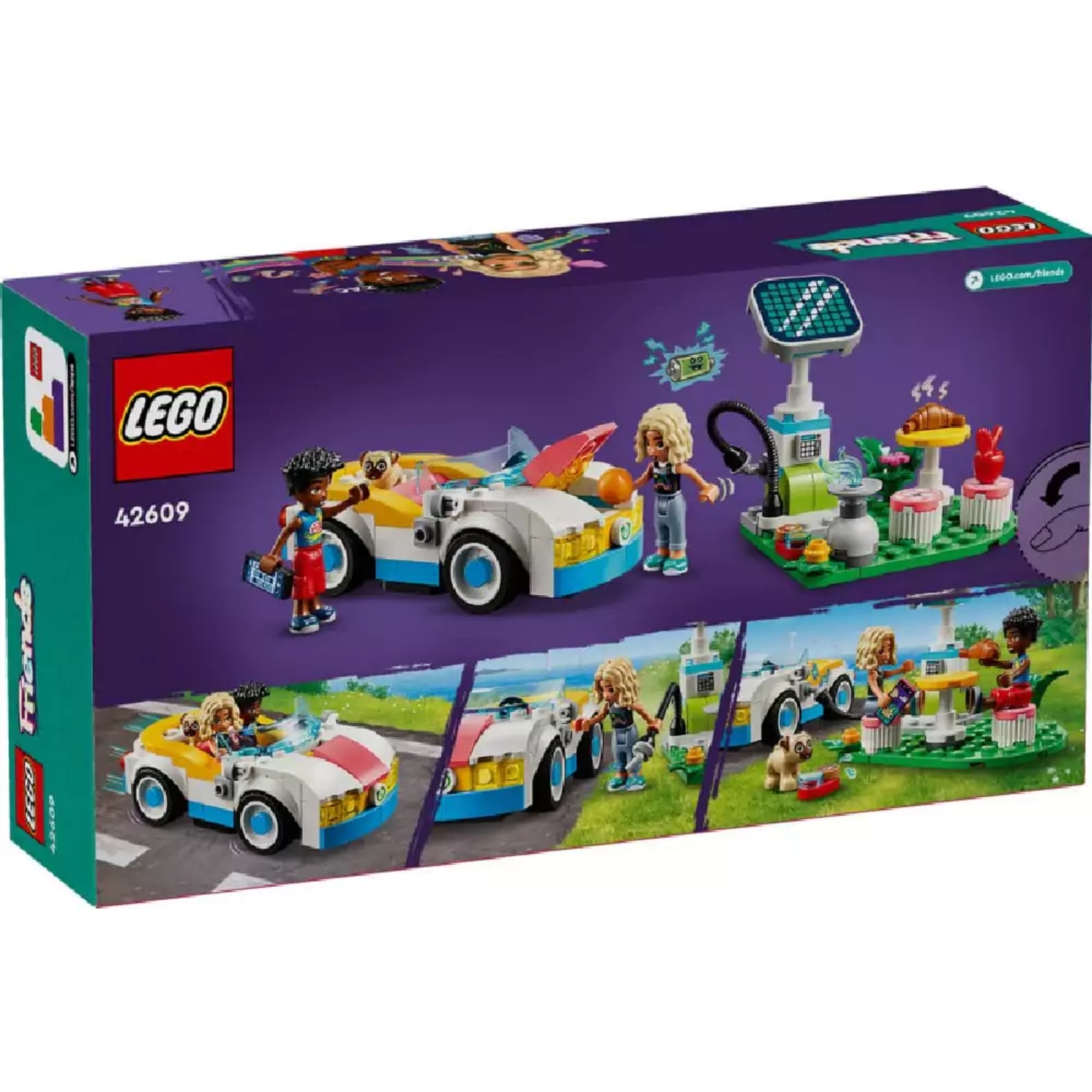 A LEGO Friends Elektromos autó és töltőállomás (42609) dobozának hátoldala, különböző játéklehetőségeket bemutató jelenetekkel: a töltés folyamata, a csomagtartóba pakolás és egy közös piknik Nova, Zac és a kutyus részvételével.