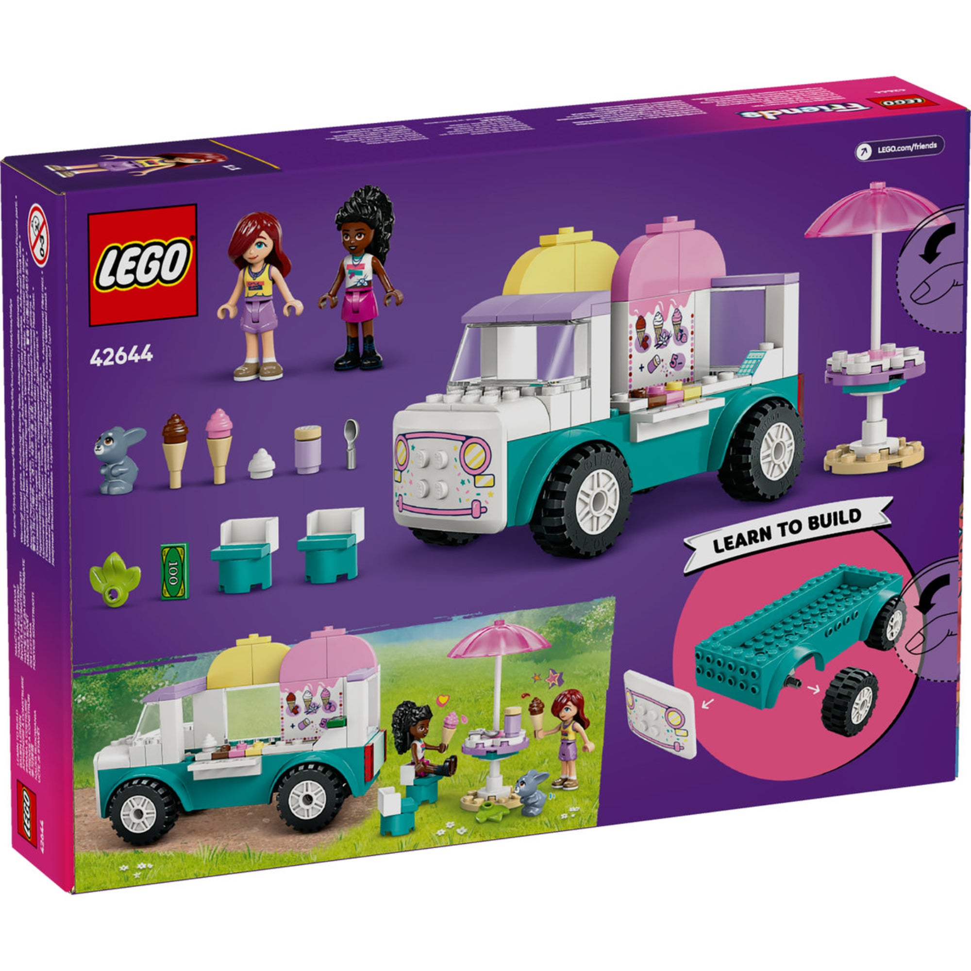 A LEGO Friends Fagyis furgon Heartlake Cityben 42644 hátoldala, amely bemutatja a furgon részleteit, Paisley és Elsa D. figuráit, nyuszi figurát, fagylaltos kiegészítőket, napernyőt, székeket és az egyszerű építési útmutatót.