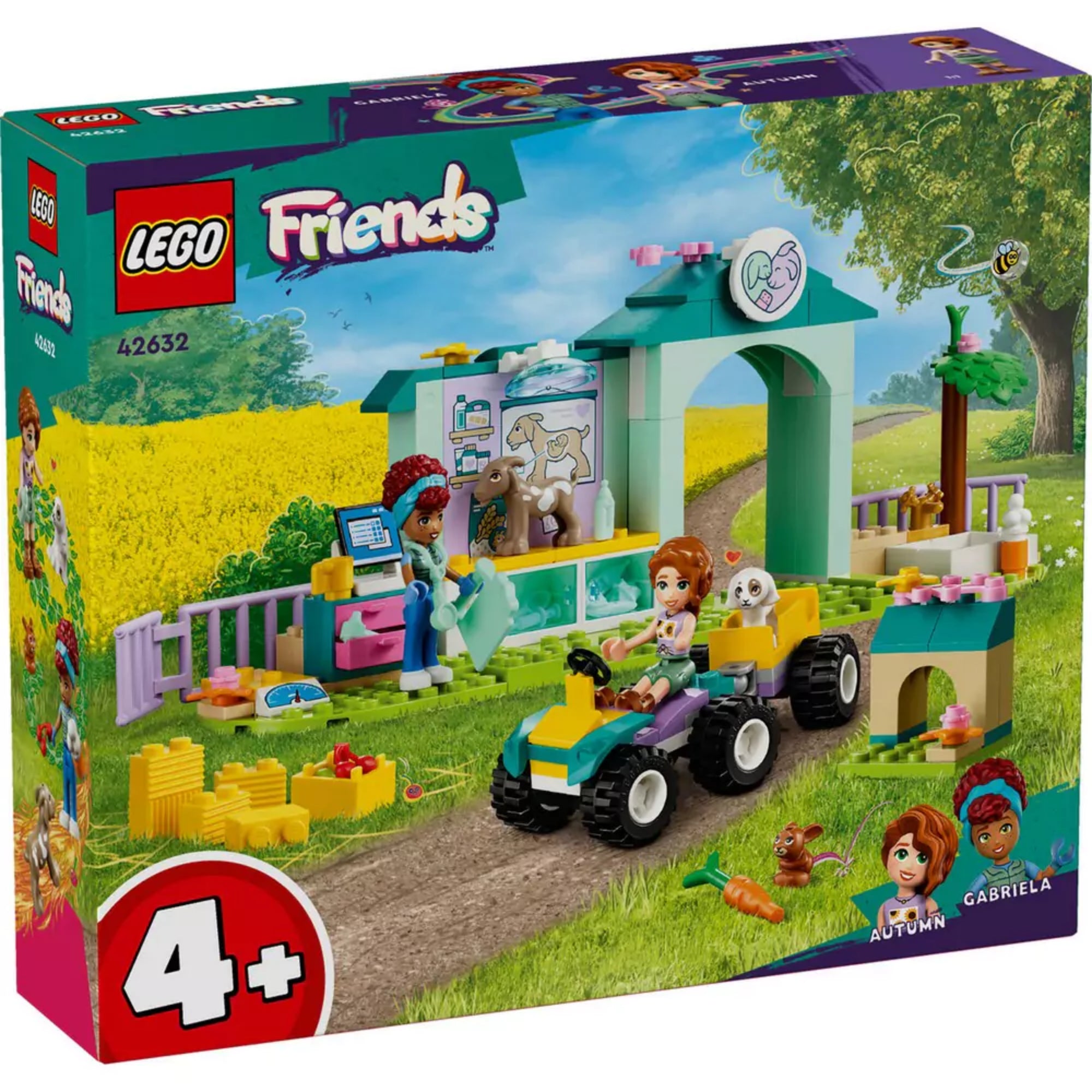 A LEGO Friends 42617 készlet színes, részletes doboza, amely a menedékhelyet zöldellő tájjal a háttérben mutatja be. Elöl látható a traktor, a minifigurák és az állatok, jobb oldalon pedig a karakterek nevei: Ben, Aliya és Kaya. A doboz bal felső sarkában a korosztály (6+) és a készletszám is feltüntetésre került.