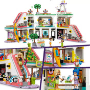 LEGO Friends Heartlake City bevásárlóközpont – a készlet belső nézetei: játékbolt, sportbolt, mászófal, mozgólépcső, kávézó és kültéri részek is láthatók, élénk színekkel és sokféle interaktív kiegészítővel.