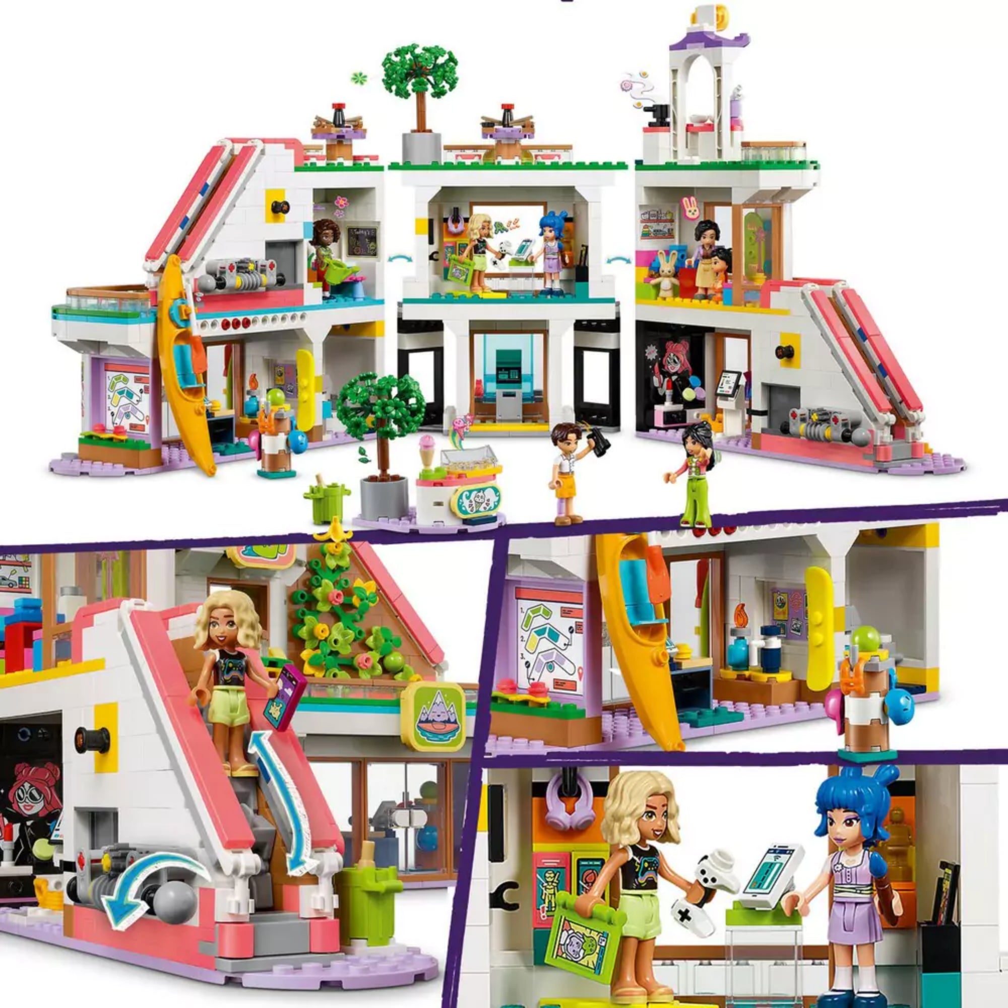 LEGO Friends Heartlake City bevásárlóközpont – a készlet belső nézetei: játékbolt, sportbolt, mászófal, mozgólépcső, kávézó és kültéri részek is láthatók, élénk színekkel és sokféle interaktív kiegészítővel.
