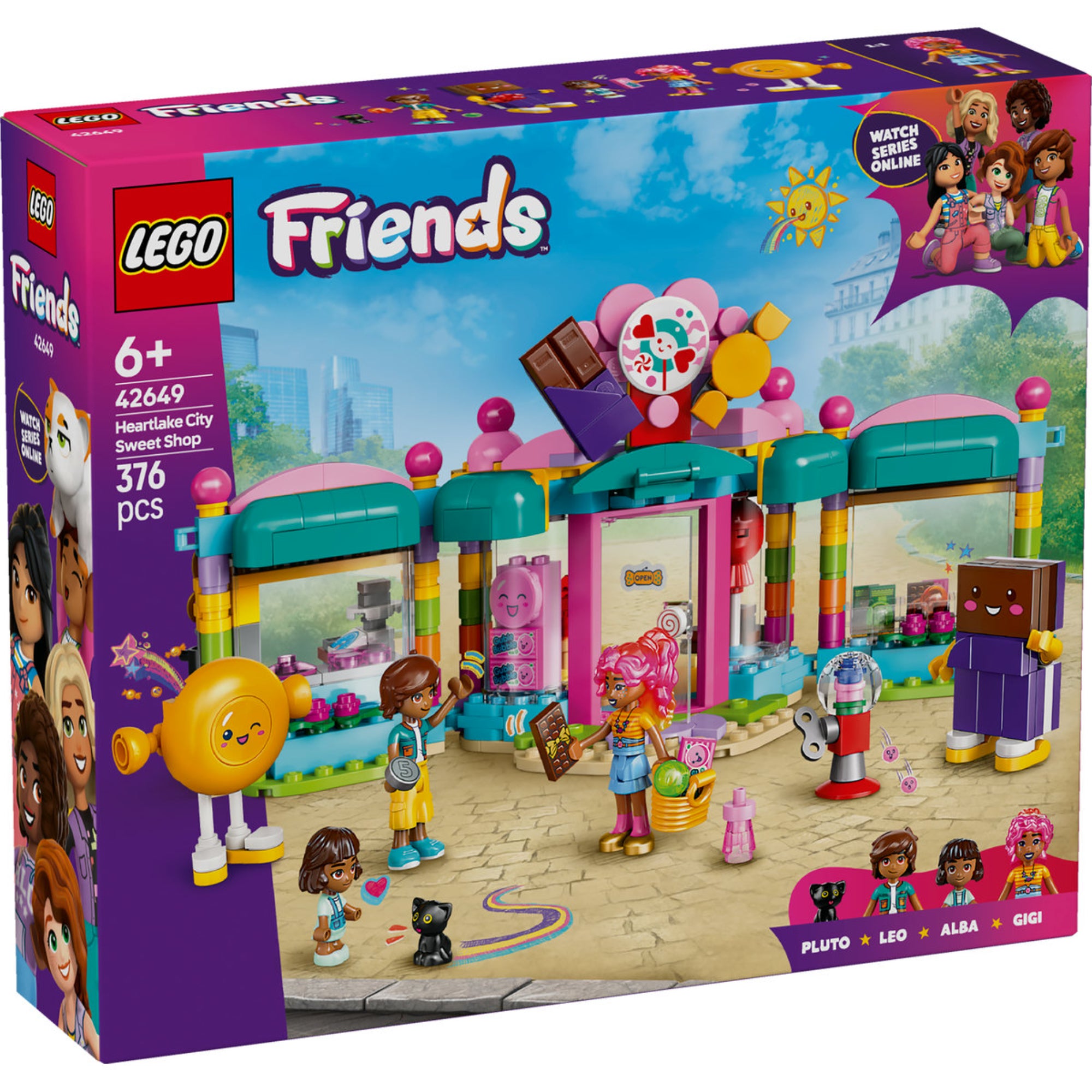 LEGO Friends Heartlake City édességbolt 42649 szett, amely tartalmaz 2 mini-baba figurát, egy macskát, kabalafigurákat, nyalókát és édességkészítő kiegészítőket.