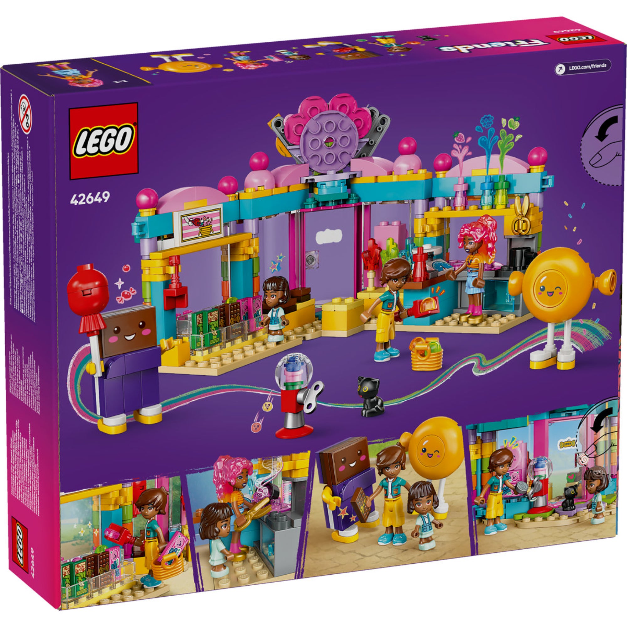 A LEGO Friends Heartlake City édességbolt 42649 szett hátsó nézete, amely bemutatja a színes édességbolt belső tereit, a nyalóka- és csokoládétábla kabalafigurákat, valamint a mini-baba figurákat és a bolt különféle játékelemeit, például a rágógumi-automatát, a cukorkás polcokat és az édességkészítő állomást.