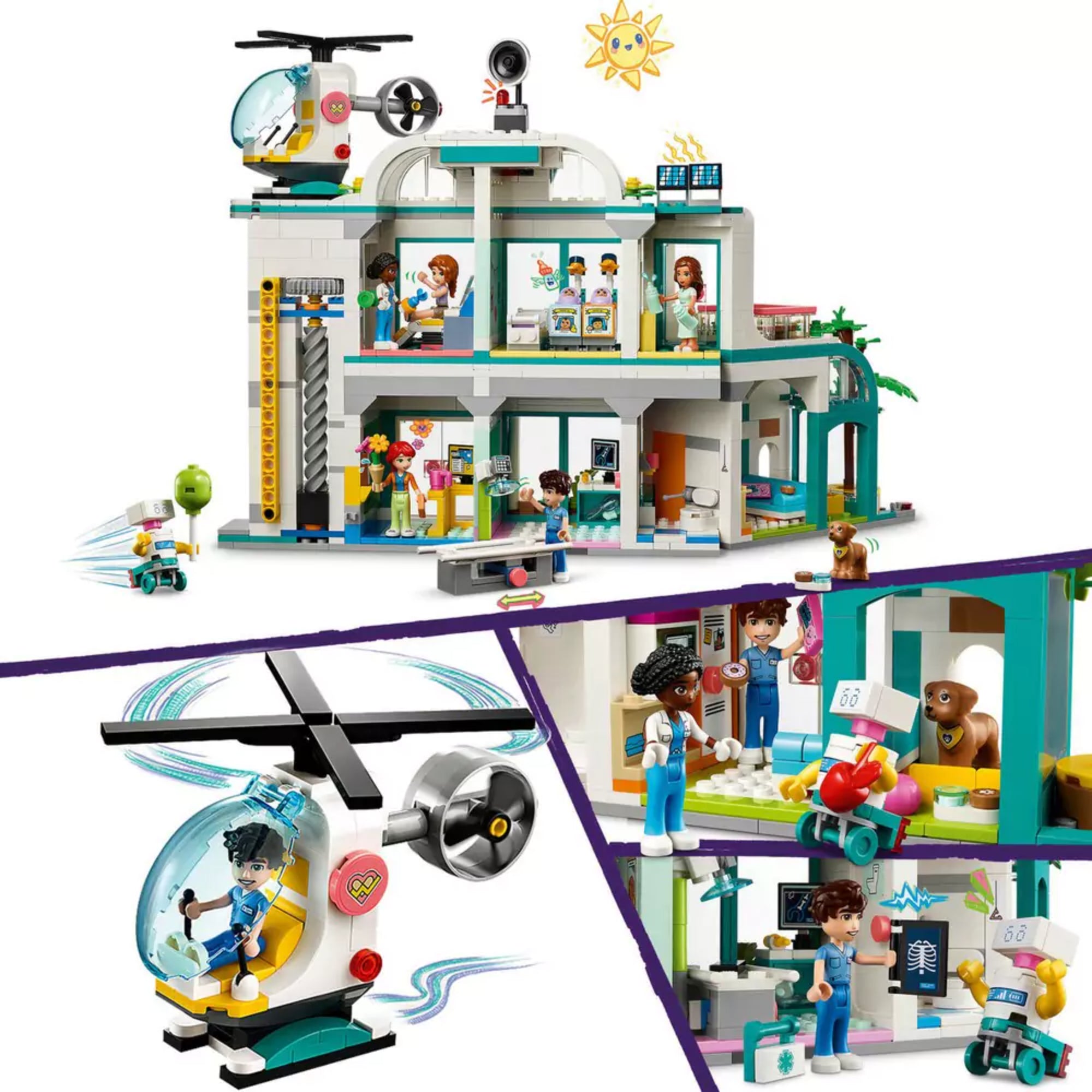 LEGO Friends Heartlake City Kórház (42621) színes épülete mentőhelikopterrel, különféle orvosi jelenetekkel, karakterekkel és kórházi eszközökkel.