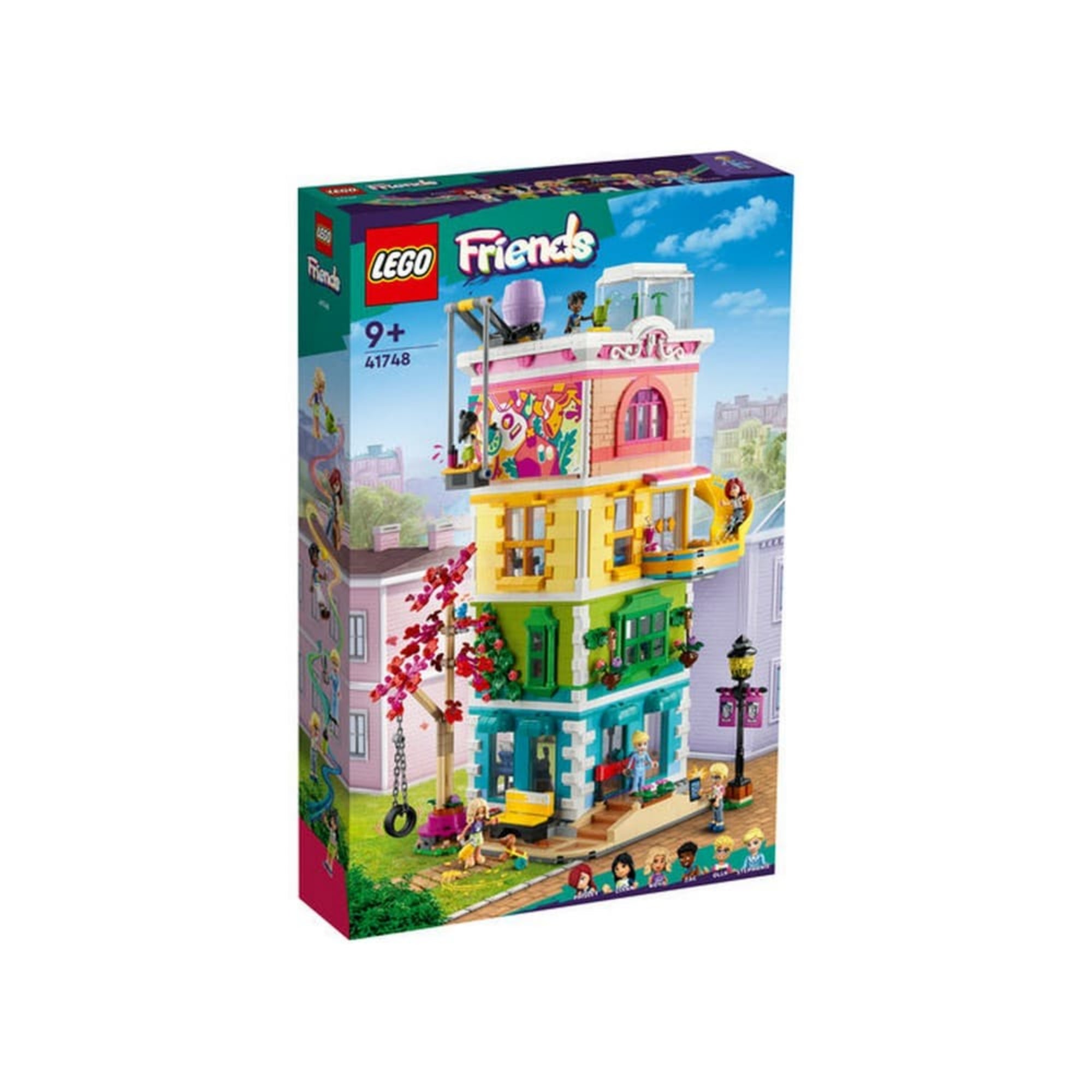 A LEGO Friends Heartlake City Közösségi Központ (41748) hivatalos doboza, élénk színes grafikával. A dobozon a háromszintes épület látható különböző jelenetekkel, karakterekkel és városi háttérrel. A készlet 9 éves kortól ajánlott és 1513 darabból áll.