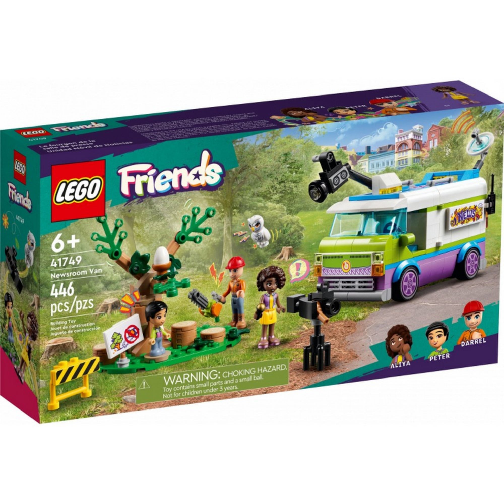 A LEGO Friends Híradós furgon (41749) doboza, amelyen a 446 darabos készlet szereplői, a közvetítő jármű és az erdei jelenet is látható. A bal alsó sarokban a karakterek nevei: Aliya, Peter és Darrel.