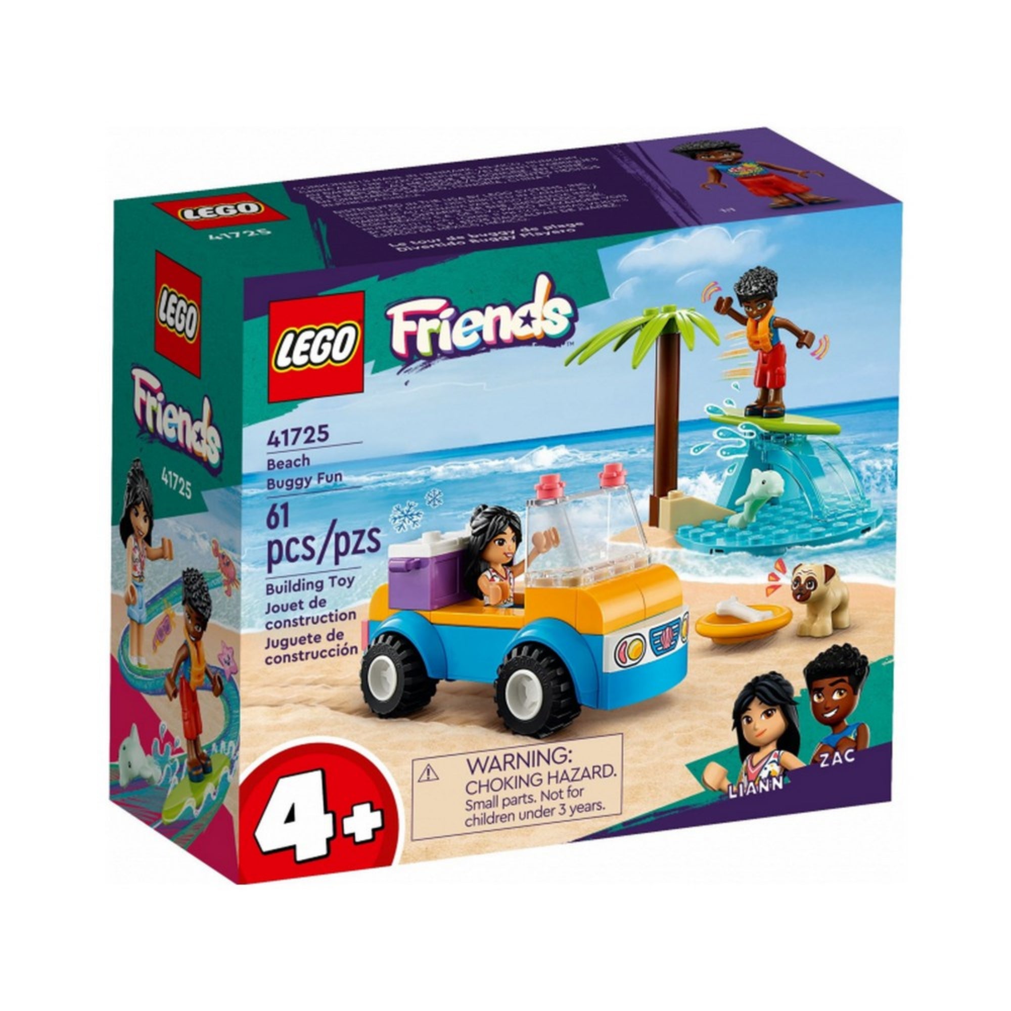 A LEGO Friends Homokfutó móka (41725) doboza, amely 61 elemet tartalmaz. A dobozon a készlet elemei tengerparti háttérrel láthatók: Liann a homokfutóban, Zac szörföl, a kutyus a parton játszik. A bal alsó sarokban jól látható a 4+ korosztály-jelzés, a sarokban Liann és Zac portréja.