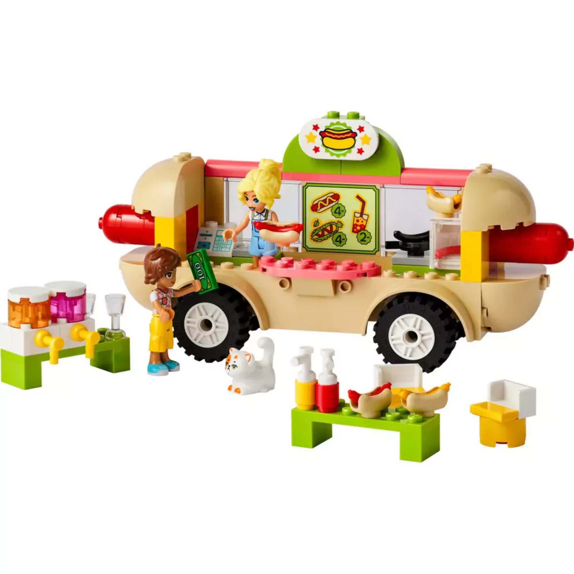 LEGO Friends Hot dog árus büfékocsi (42633) teljes készlet: hot dog alakú büfékocsi két minifigurával, pénztárgéppel, italadagolóval, hot dogokkal és fehér cicával.