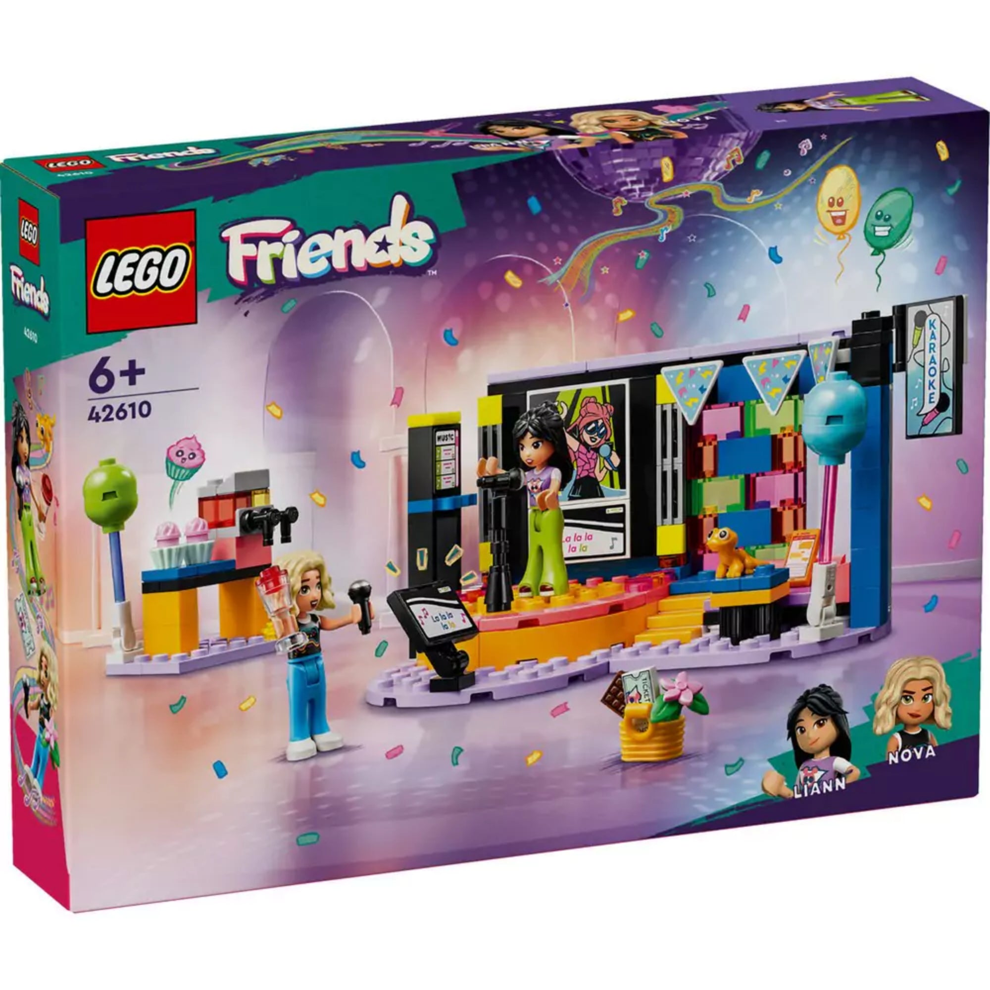 A LEGO Friends Karaoke parti (42610) doboza, rajta a szett látványos grafikája színes konfettikkel, a karaoke színpad, a két karakter – Nova és Liann –, valamint az ikonikus Friends logó és az életkor ajánlás: 6+.