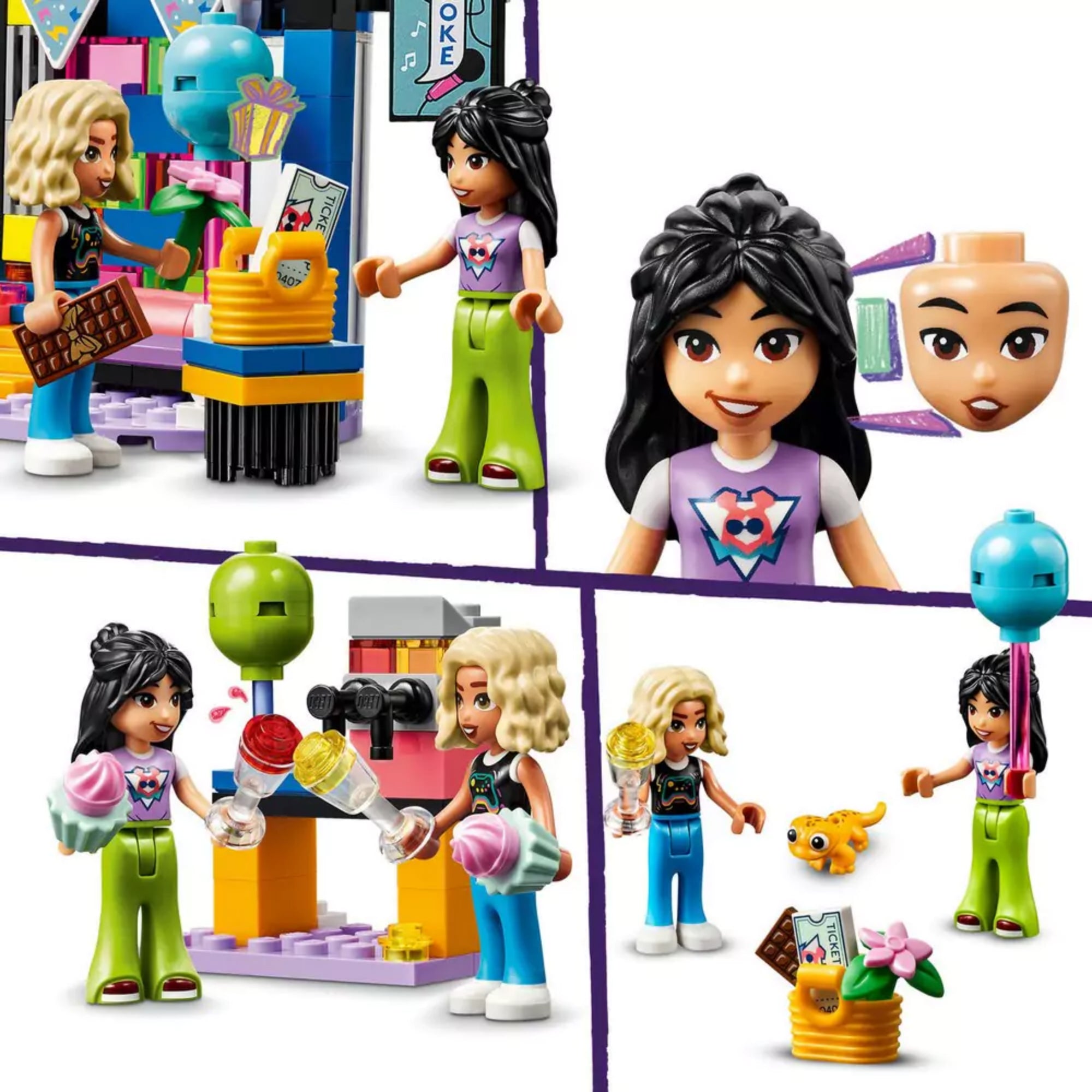 Játék közbeni jelenetek a LEGO Friends Karaoke parti (42610) készletből: Nova és Liann közösen énekelnek a színpadon, fagylaltot készítenek, ajándékokat adnak egymásnak, valamint a karakterekhez tartozó kiegészítők – váltott arckifejezés, italok és csokiszelet – is láthatók
