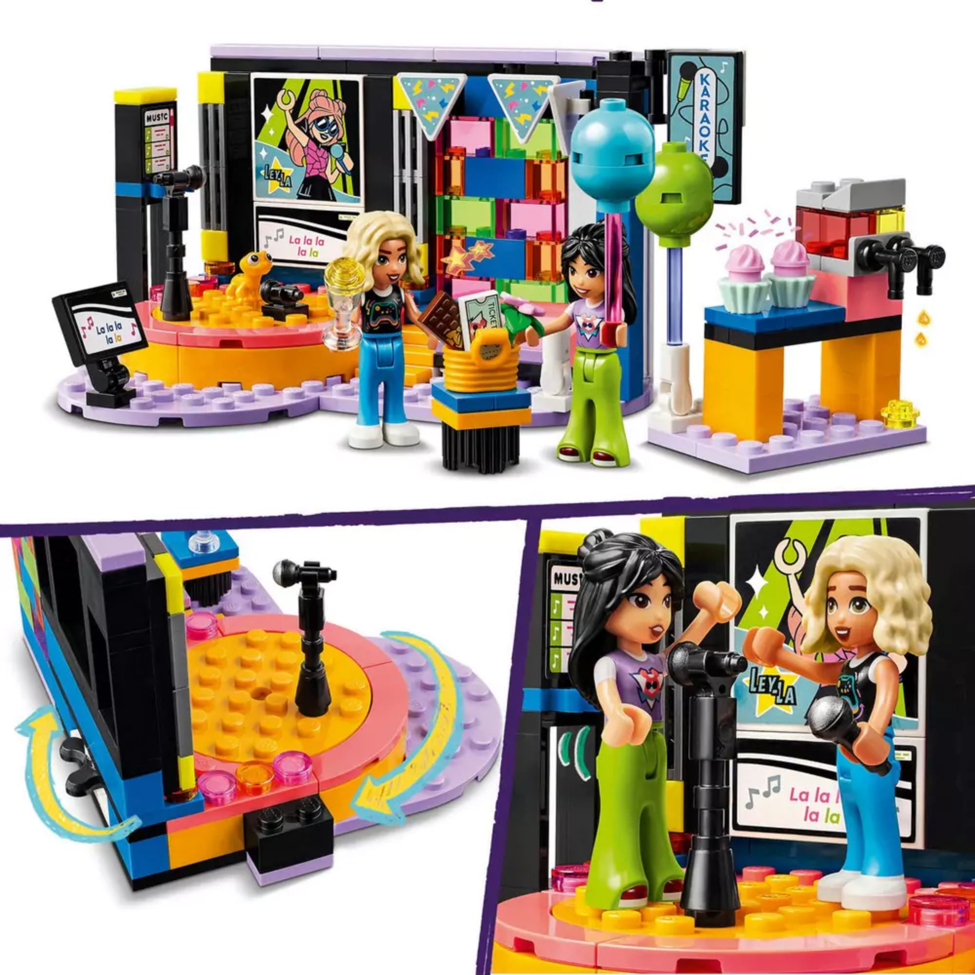 A LEGO Friends Karaoke parti (42610) készlet interaktív elemei: forgatható színpad, mikrofonos éneklés két karakterrel, fagylaltpult részletes gépekkel és kiegészítőkkel, valamint színes, mozgatható díszletek a karaoke élmény fokozásához.