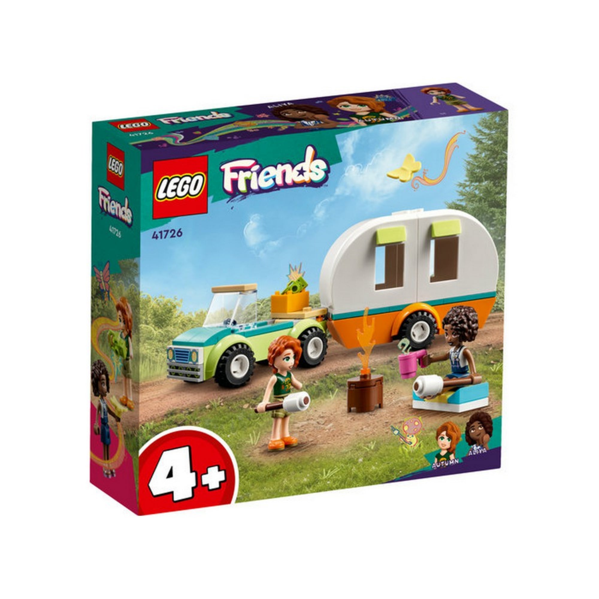 LEGO Friends 41726 Kempingezés lakókocsival – hivatalos dobozkép a 4+ korosztálynak ajánlott készletről. A dobozon a természetben játszódó jelenet látható, Autumn és Aliya minifigurákkal, a lakókocsi és a terepjáró teljes felszerelésével, valamint tábortűzzel. A bal alsó sarokban nagy "4+" jelölés, a jobb alsó sarokban a karakterek neve.