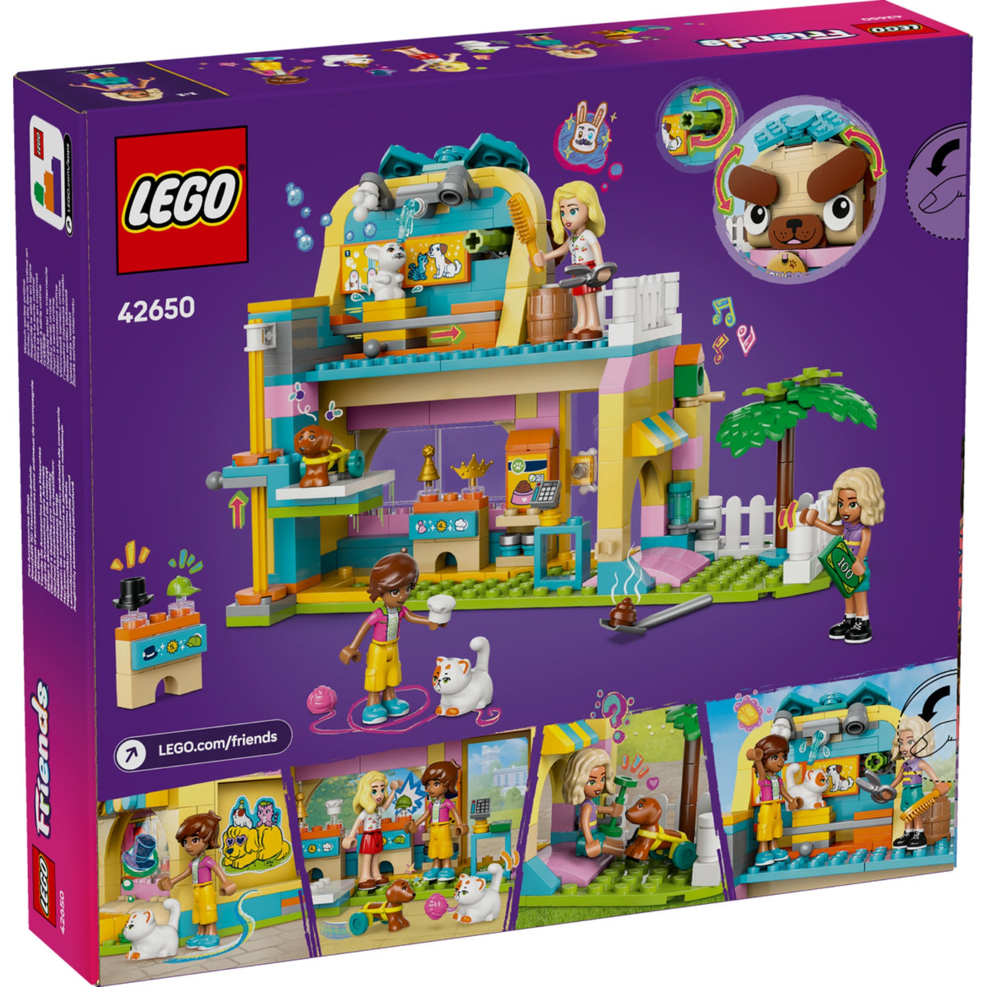 A LEGO Friends Kisállatfelszerelések boltja 42650 szett hátoldala, bemutatva a részletes játékfunkciókat: állatápolási zóna, lift, pénztárgép és mókás kiegészítők, mint a kutyaformájú épület mozgatható szemöldökei és forgó masnija. Szereplők: Nova, Leo, Matilda és aranyos állatfigurák.