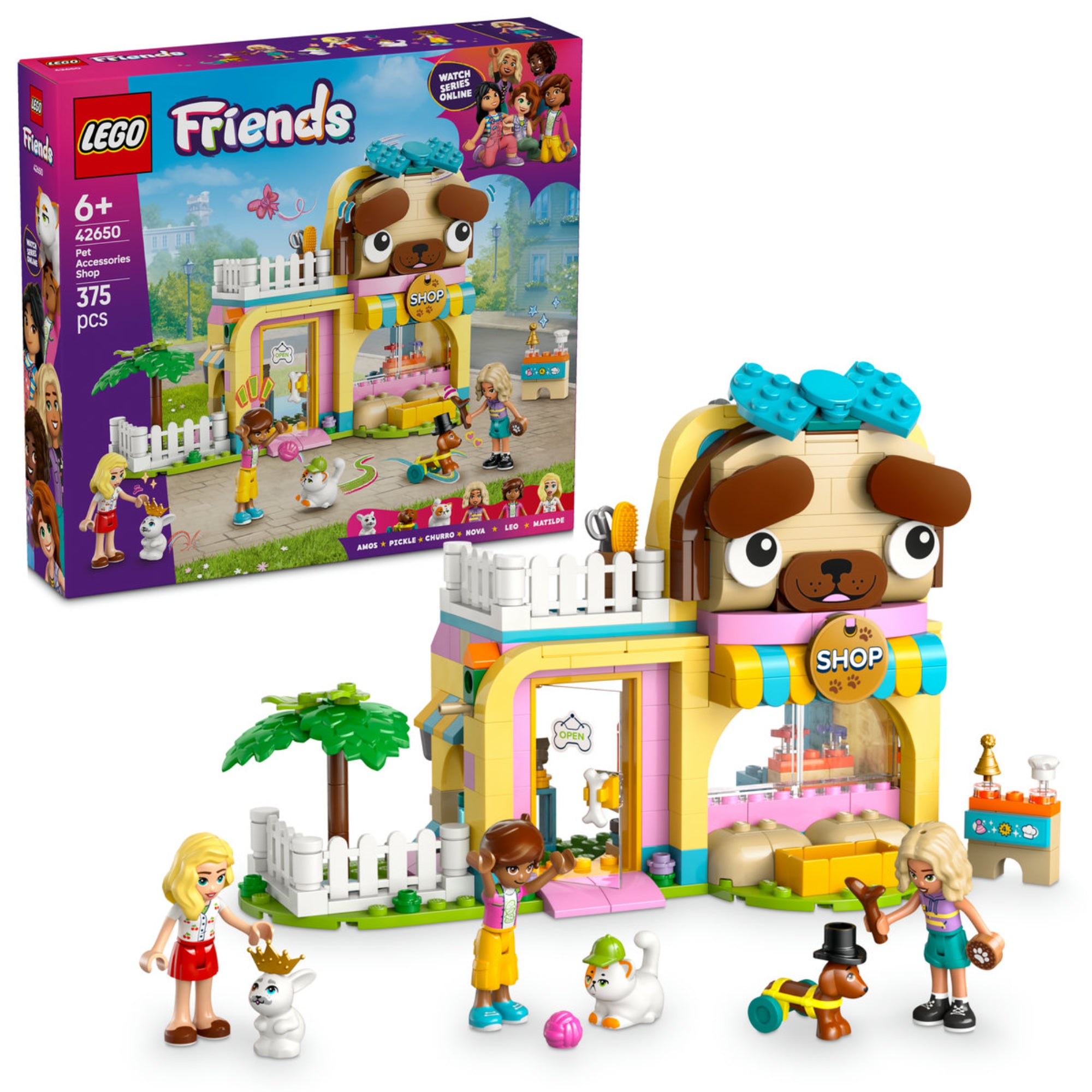 LEGO Friends Kisállatfelszerelések boltja 42650 szett: vidám állatos témájú épület, forgó masni, mozgatható szemöldök, Nova, Leo, Matilda figurák és cuki állatkák.