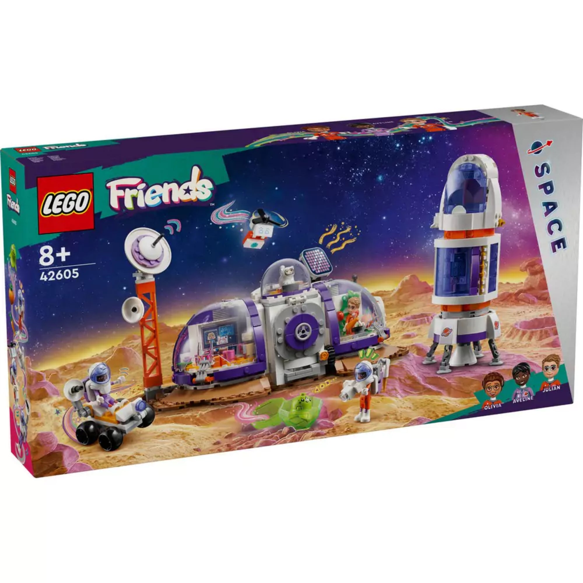 A LEGO Friends Mars űrállomás és űrrakéta (42605) doboza, amely látványosan ábrázolja a marsi tájat, az űrállomást, a rakétát és a karaktereket. A doboz jobb alsó sarkában Olivia, Aveline és Julian karakterportréja látható. A csomagolás a 8+ korosztály számára ajánlott.