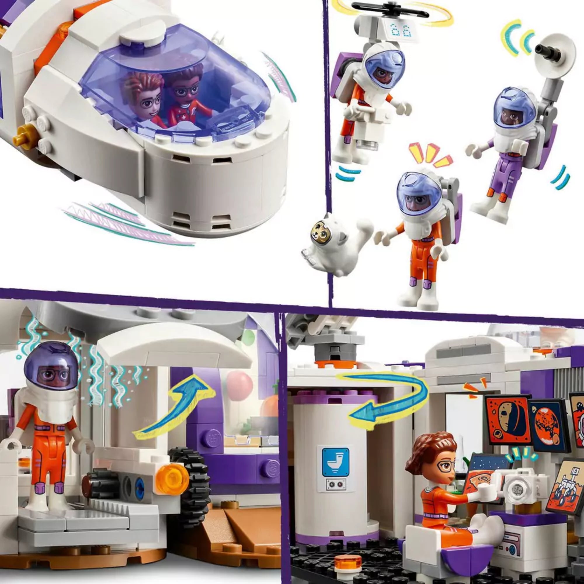 A LEGO Friends Mars űrállomás és űrrakéta (42605) készlet részletes jelenetei, köztük az űrhajó vezetőfülkéje két minifigurával, lebegő űrhajósok jetpackkel, egy fehér robot, egy marsi vécémodul és egy irányítóterem rengeteg kijelzővel. Az illusztrációk kiemelik a mozgatható elemeket és a játékélményt fokozó apró részleteket.