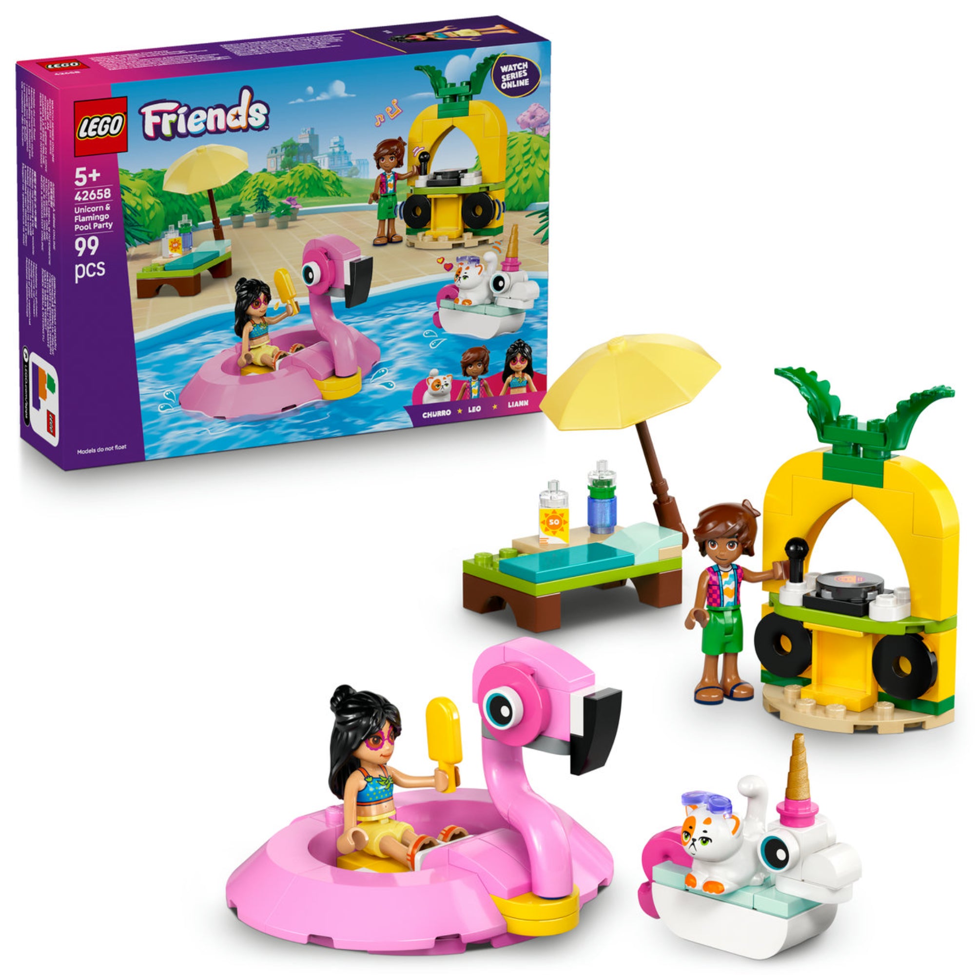 A LEGO Friends: Unicorn & Flamingo Pool Party (42658) készlet doboza és az összeszerelt elemek, köztük rózsaszín flamingó úszógumi, napernyős pihenőasztal, DJ-pult ananász dizájnnal, valamint Liann és Leo minifigurák egy medenceparti jelenetben.
