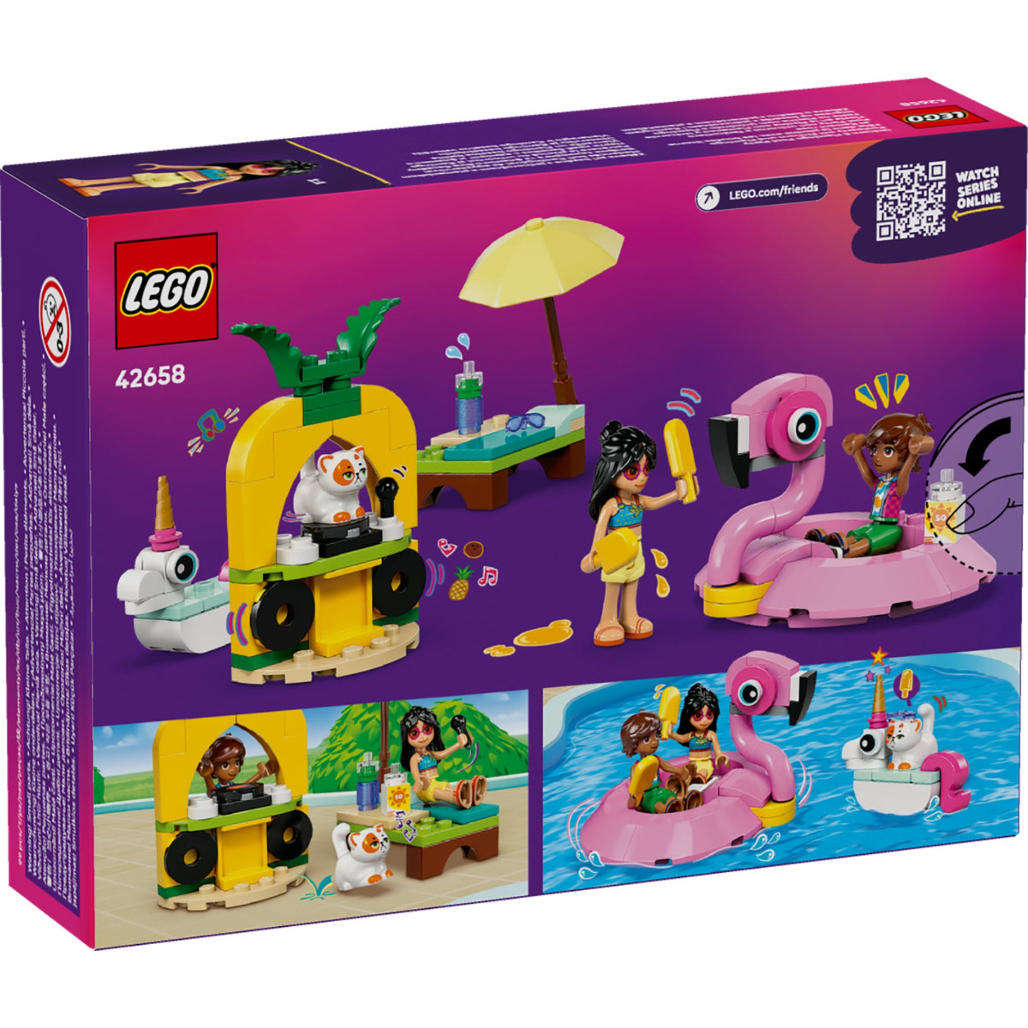 A LEGO Friends: Unicorn & Flamingo Pool Party (42658) doboz hátoldala, különféle játéklehetőségekkel: Leo DJ-ként, Liann napozik, a gyerekek játékkal töltik az időt a flamingó úszógumiban, és Churro cicája is részt vesz a medencés buliban.