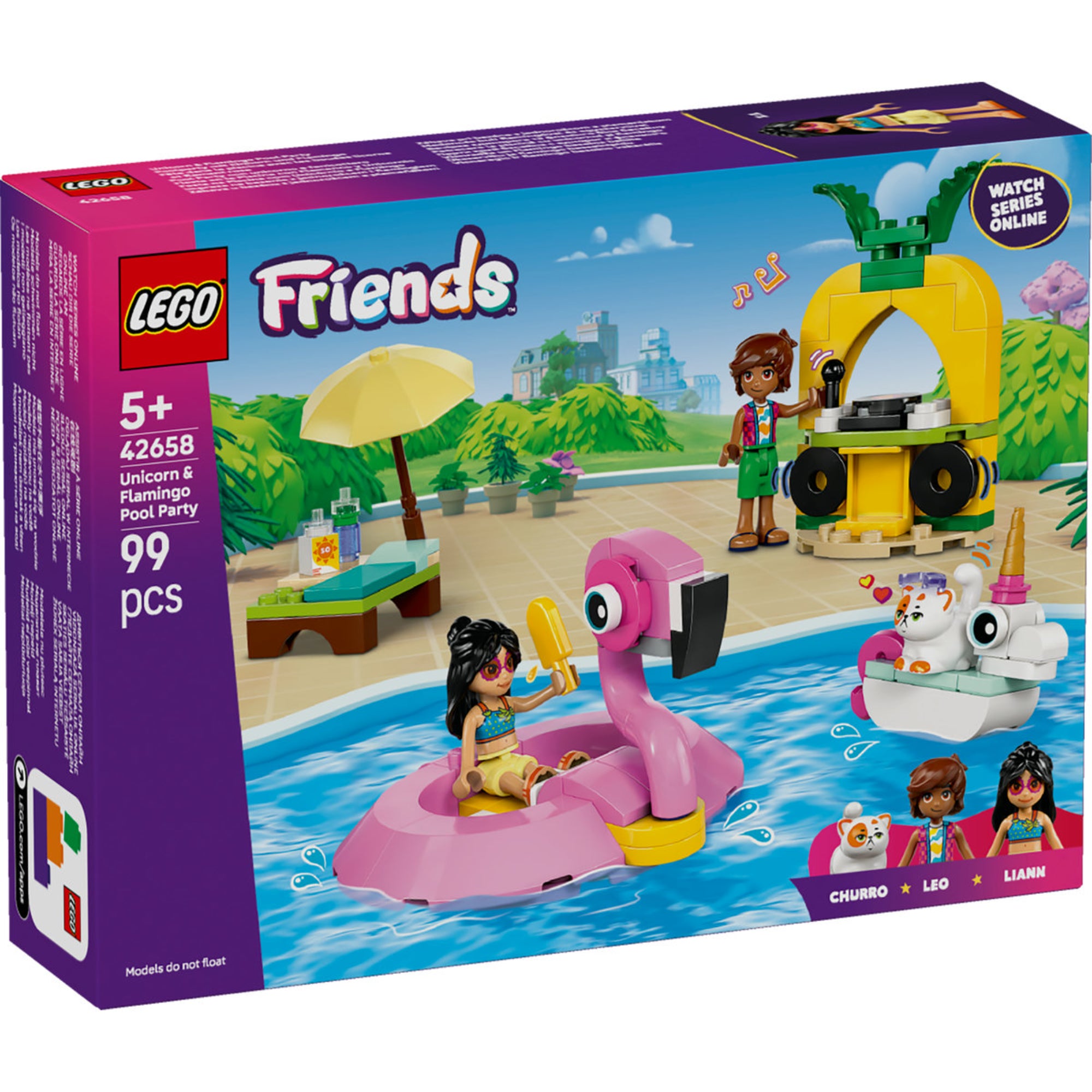 A LEGO Friends: Unicorn & Flamingo Pool Party (42658) doboza, amelyen Liann ül egy rózsaszín flamingó úszógumiban, Leo DJ-zik az ananász formájú pult mögött, és Churro, az unikornis úszógumiban ülő cica is látható.
