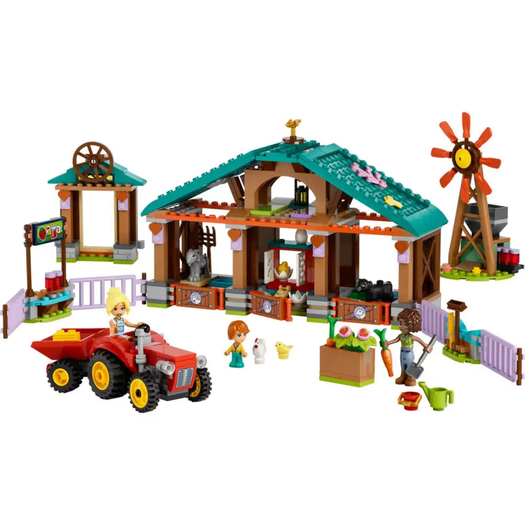 A LEGO Friends Menedékhely háziállatoknak (42617) készlet teljes, összeszerelt változata, amelyen látható egy piros traktor, egy istállószerű menedékhely zöld tetővel, különböző állatfigurák – mint kecske, bárány, tyúk és kiskacsák – valamint három minibaba figura is, akik a farm teendőit végzik. A háttérben egy szélmalom, karám és friss termények is megjelennek. Vidám és részletgazdag vidéki LEGO jelenet gyerekeknek.