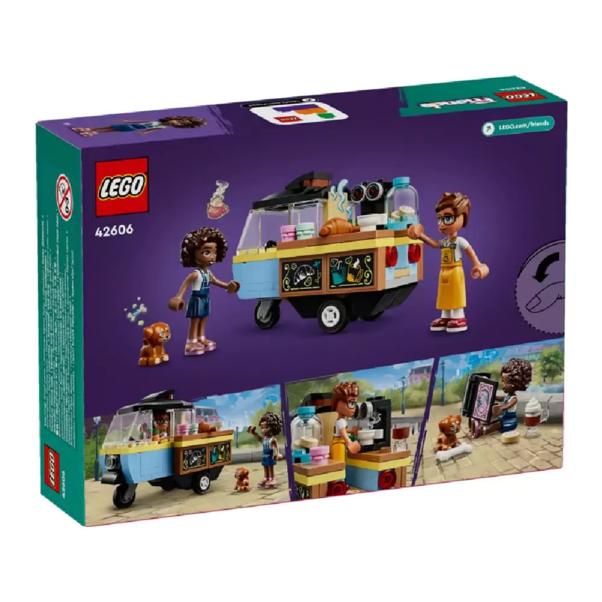 A LEGO Friends Mobil pékség (42606) dobozának hátoldala, amely különböző játékjeleneteket mutat be: Aliya épp vásárol, miközben Jules kiszolgálja őt a mozgó pékségből. A felső képen a jármű belső része is látható a különféle kiegészítőkkel, míg az alsó jelenetekben fagylaltozás, pultnál való kiszolgálás és a kutyus szerepel. A háttér sötétlila, középen a karakterek és a készlet fő elemei emelkednek ki.