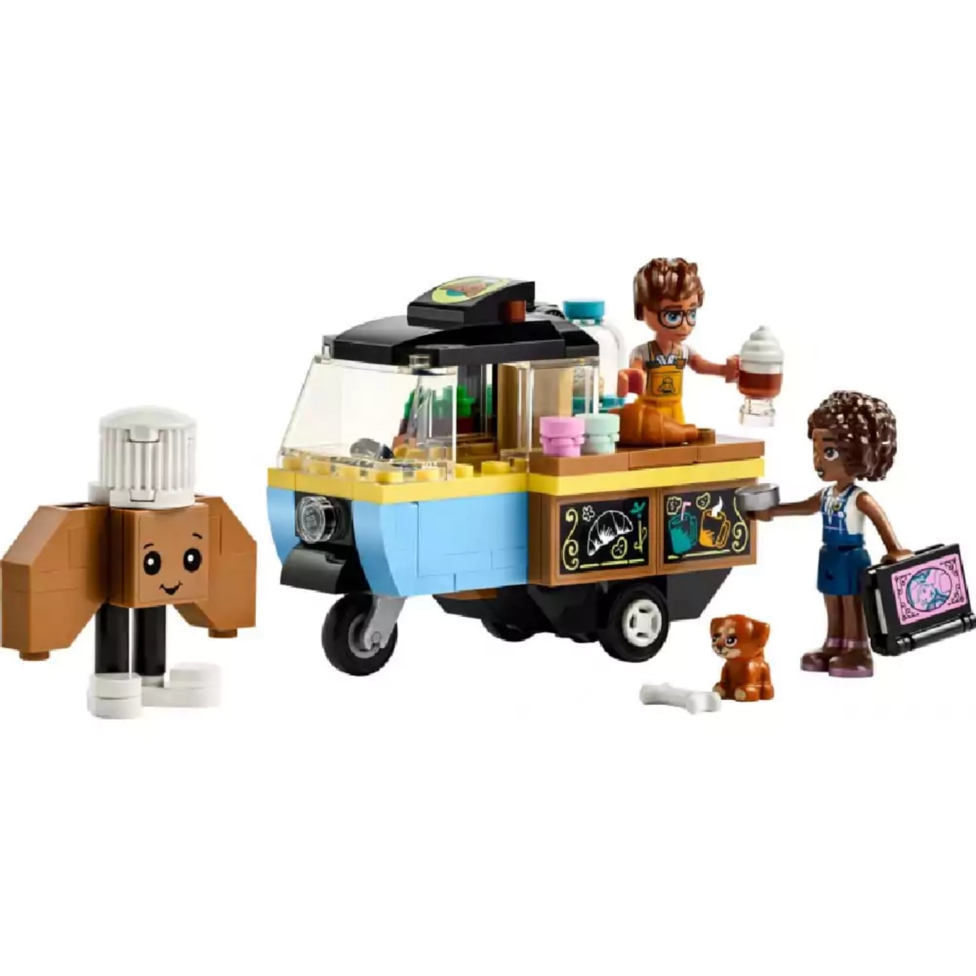 A LEGO Friends Mobil pékség (42606) teljes készlete, amely tartalmaz egy kék-sárga mozgó pékség járművet, egy sütis témájú épített kutyusfigurát, két minifigurát (Aliya és Jules), egy aranyos kutyát, valamint péksüteményeket és fagylaltot. A jármű oldalán fekete dekorációs táblák díszítik a pékséget, míg a figurák között épp egy fagylaltos jelenet zajlik.