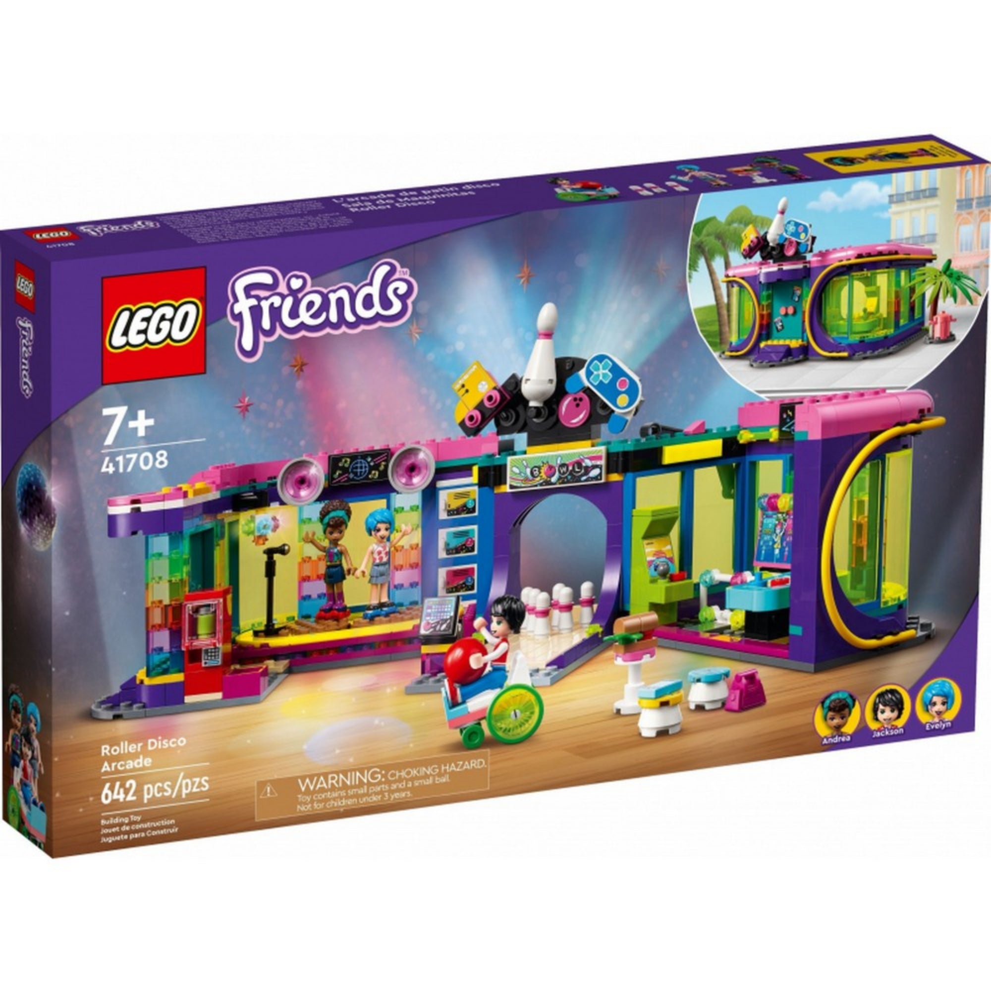LEGO Friends 41708 Roller Disco Arcade – a hivatalos dobozkép, melyen a 642 darabos szett színes és részletgazdag modellje látható. A doboz bal felső sarkában 7+ korosztályi ajánlás, míg alul a darabszám és a készlet neve szerepel. A csomagoláson a három minifigura is bemutatásra kerül: Andrea, Jackson és Evelyn.