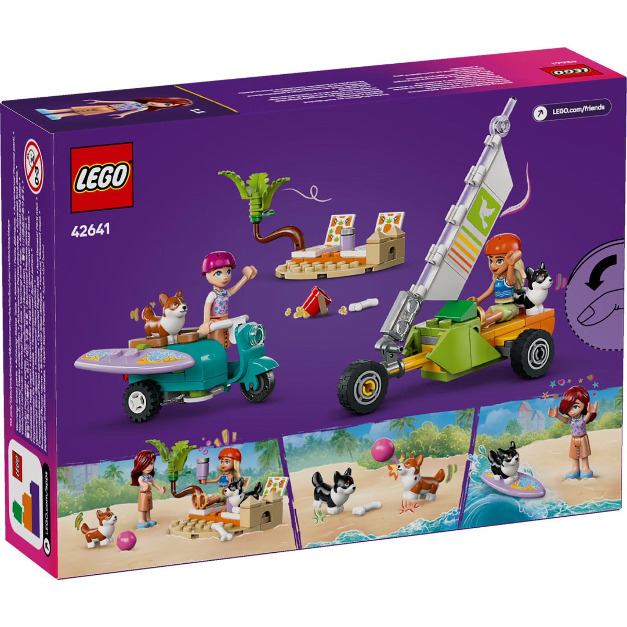 A LEGO Friends Szörfös kutyák és robogós kalandok 42641 szett hátoldala. A képen Sage és Paisley mini-babák, két corgi figura, egy robogó szörfdeszkával, egy szárazföldi jacht és strandkiegészítők láthatók. A lila háttér előtt a jelenetek bemutatják a gyerekek számára elérhető kreatív játéklehetőségeket, beleértve a napozóágyakat, a szörfözést és a robogózást a corgikkal.