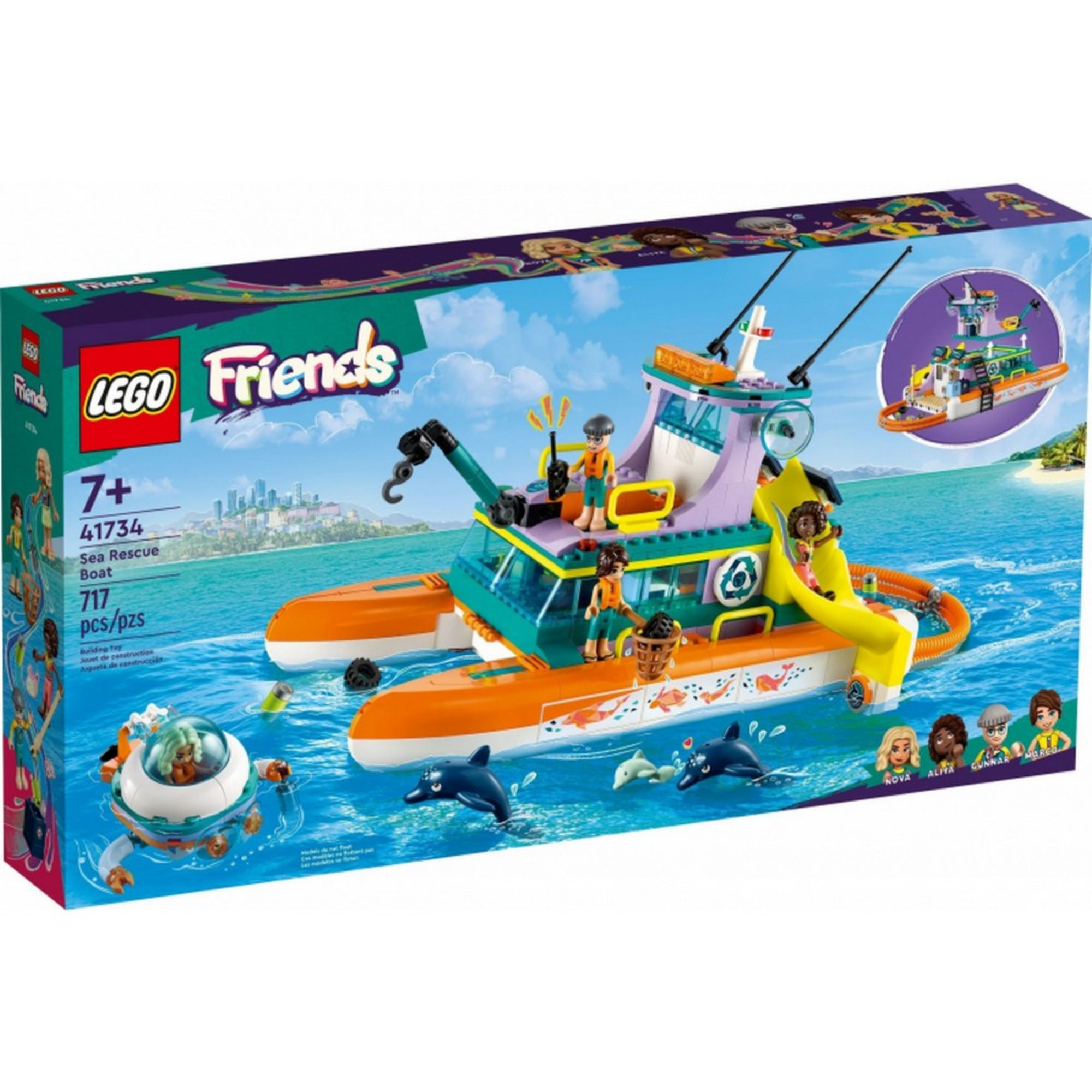 LEGO Friends 41734 Tengeri mentőhajó – hivatalos dobozkép, 717 darabos készletként feltüntetve, 7+ korosztályi ajánlással. A csomagoláson a hajó fedélzete, a minifigurák, teknősök és a mentőeszközök egyaránt láthatók.