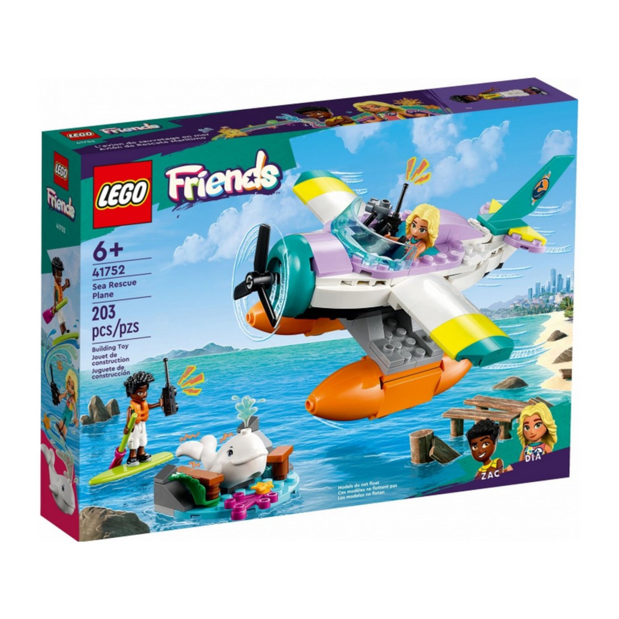 LEGO Friends 41752 Sea Rescue Plane – hivatalos dobozkép, amely bemutatja a 203 darabos készletet, 6 éves kortól. A csomagoláson a repülő lebeg a tenger felett, míg Dia és Zac a kis bálna megmentésén dolgoznak. A háttérben trópusi tengerpart és városi panoráma látható.