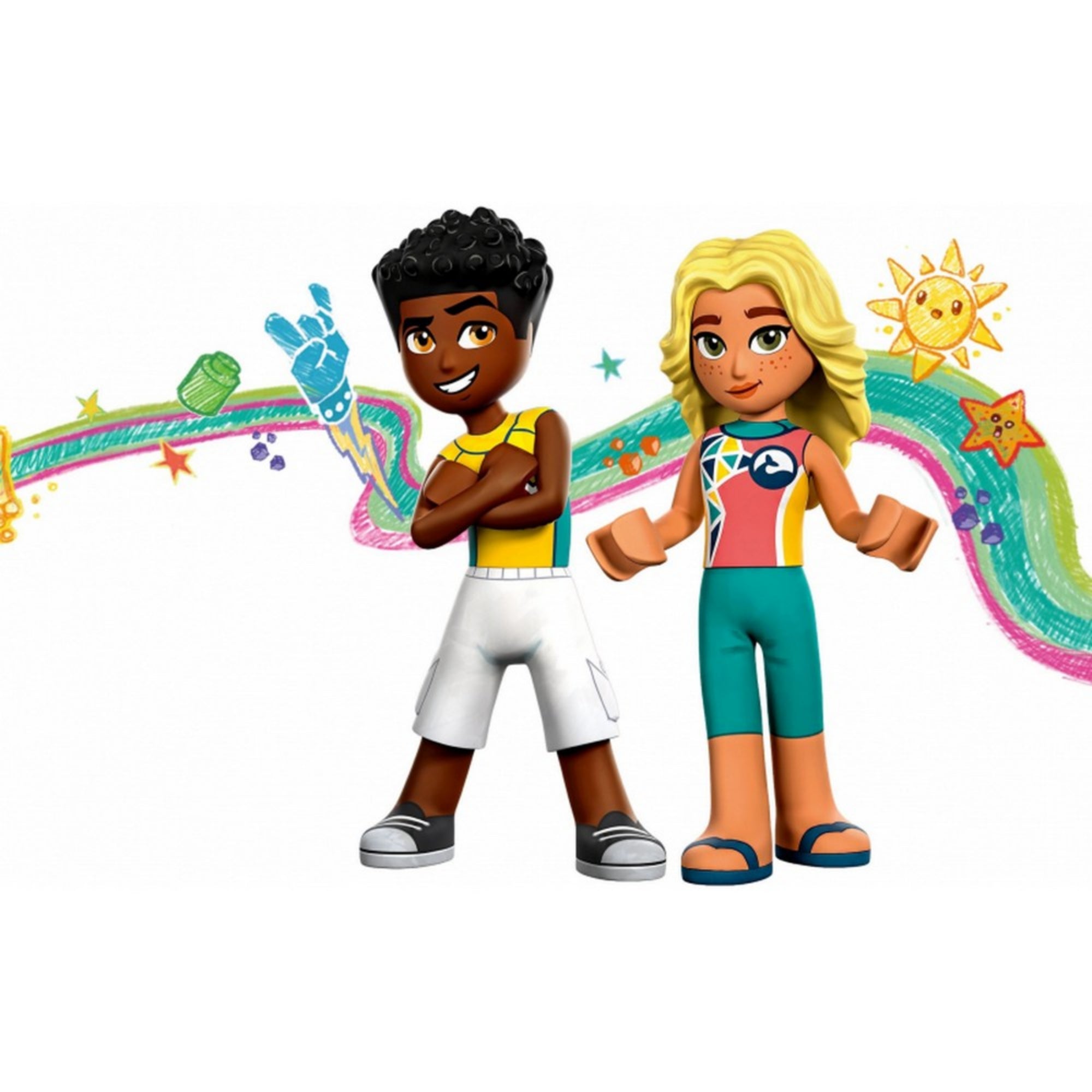 LEGO Friends 41752 – illusztráció Zacről és Diáról, a szett két főszereplőjéről. Zac sportos, fehér nadrágot és sárga ujjatlan felsőt visel, míg Dia színes mentőruhát és tengeri mintás felsőt. A háttérben vidám, rajzos motívumok: nap, csillag, szivárvány.