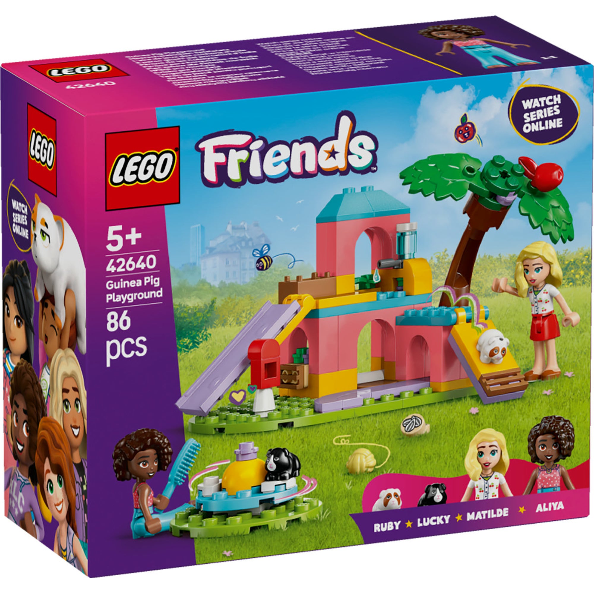 A LEGO Friends Tengerimalac Játszótér 42640 doboza, amely Aliya és Matilde minifigurákat, valamint Ruby és Lucky tengerimalac figurákat ábrázol egy színes játszótéren.