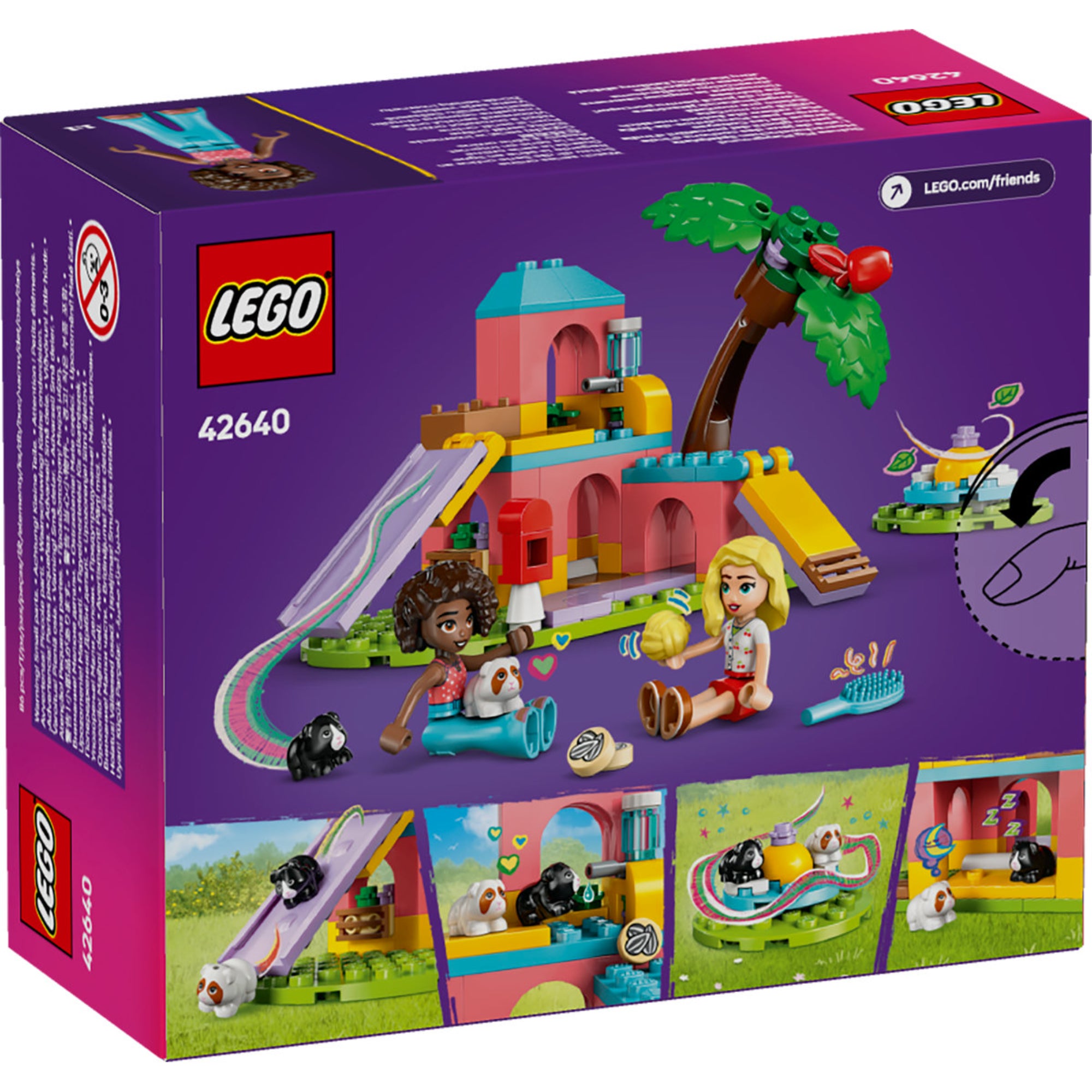 A LEGO Friends Tengerimalac Játszótér 42640 szett hátoldala, amelyen Aliya és Matilde minifigurák játszanak Ruby és Lucky tengerimalacokkal a színes játszótéren. Látható a csúszda, a carusel, az etetőállomás és a pihenőhely, valamint a készlet tartozékai, például a kefe és a napraforgómag.