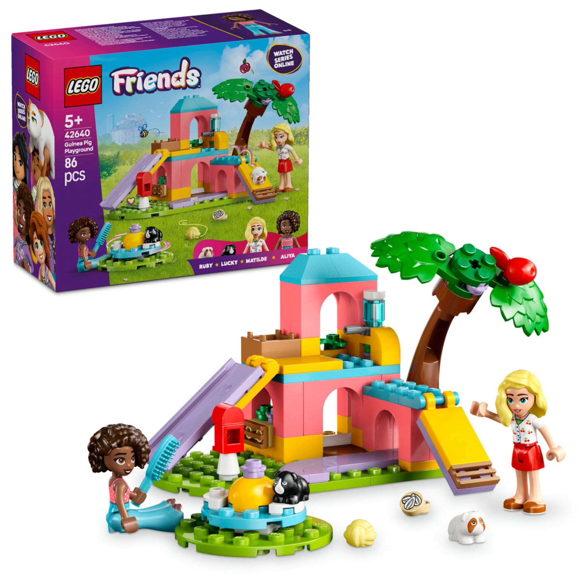 A LEGO Friends Tengerimalac Játszótér 42640 szett tartalma: színes játszótér csúszdával, hintával és pihenőhellyel, Aliya és Matilde minifigurákkal, valamint Ruby és Lucky tengerimalac figurákkal. Láthatóak a szett tartozékai, például a kefe, napraforgómagok és játékok